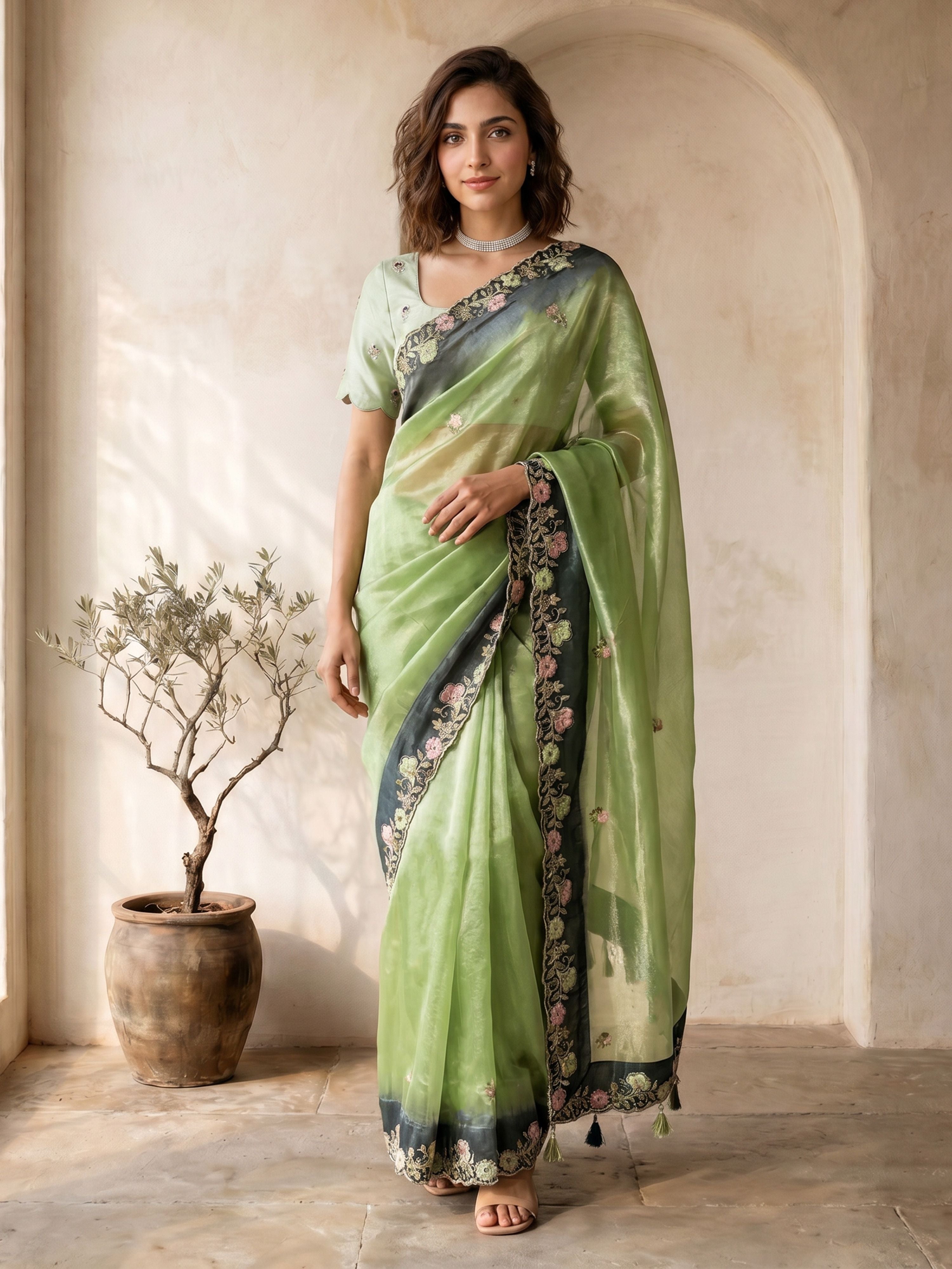 Green Organza Saree with Floral Thread Embroidery & Tassels
