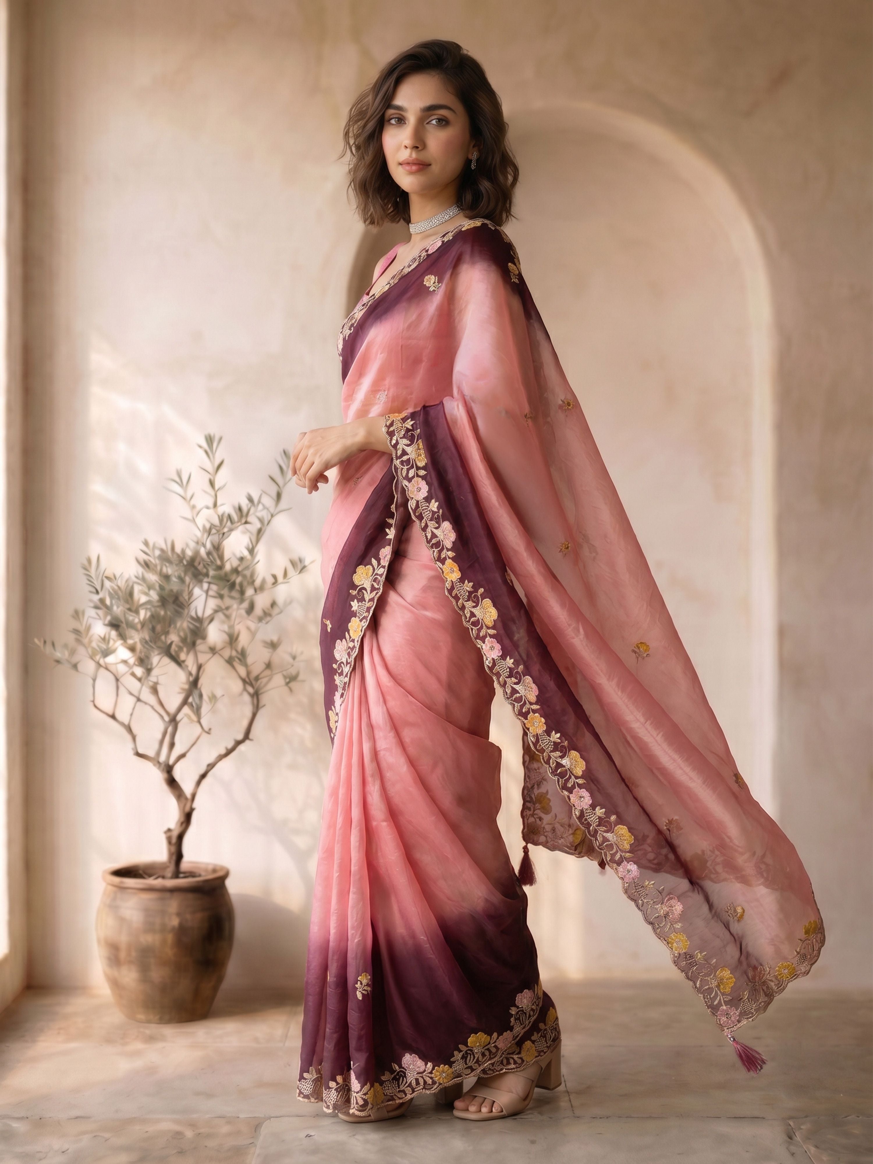 Women's Pink Organza Embroidered Saree With Unstitched Blouse Piece