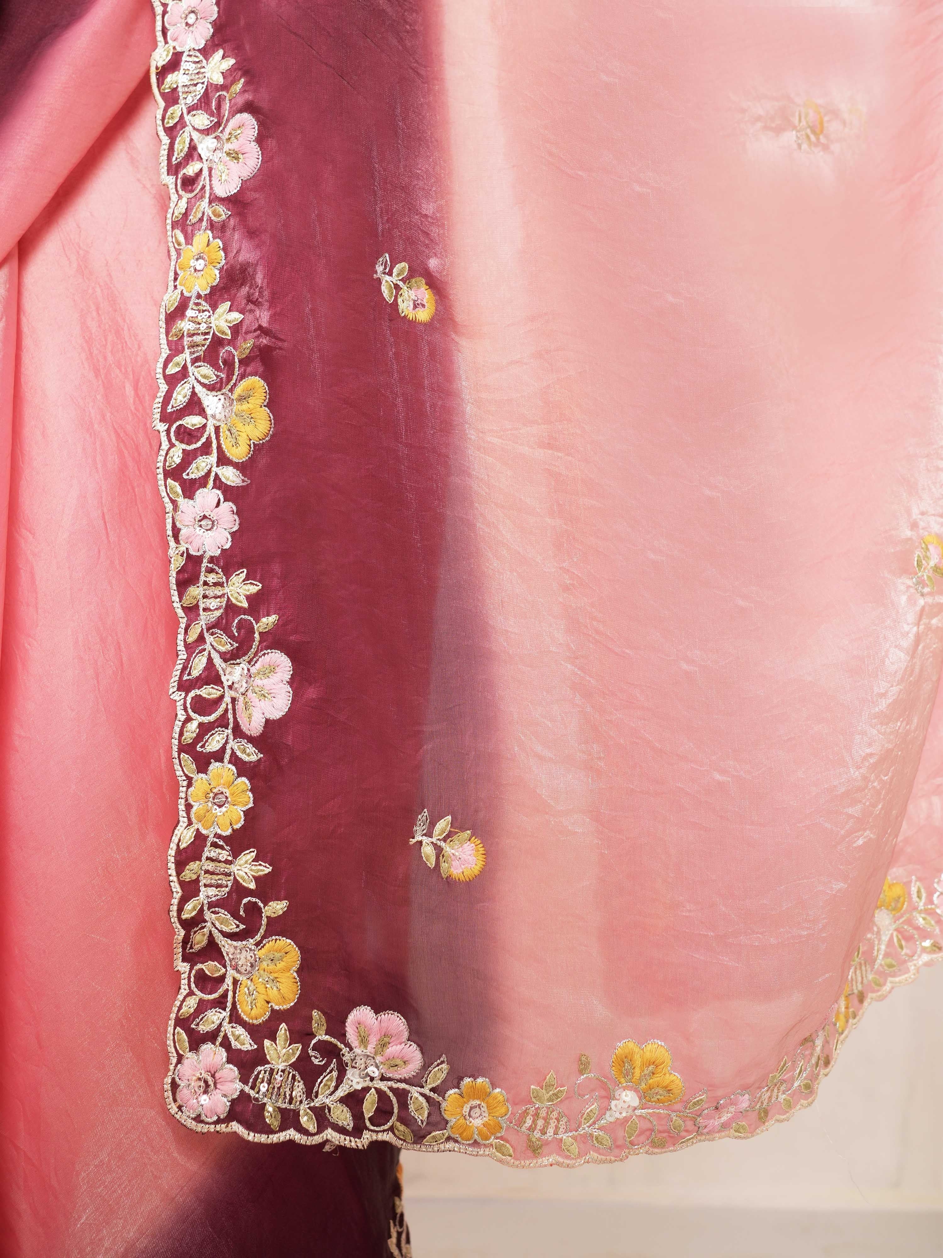 Women's Pink Organza Embroidered Saree With Unstitched Blouse Piece