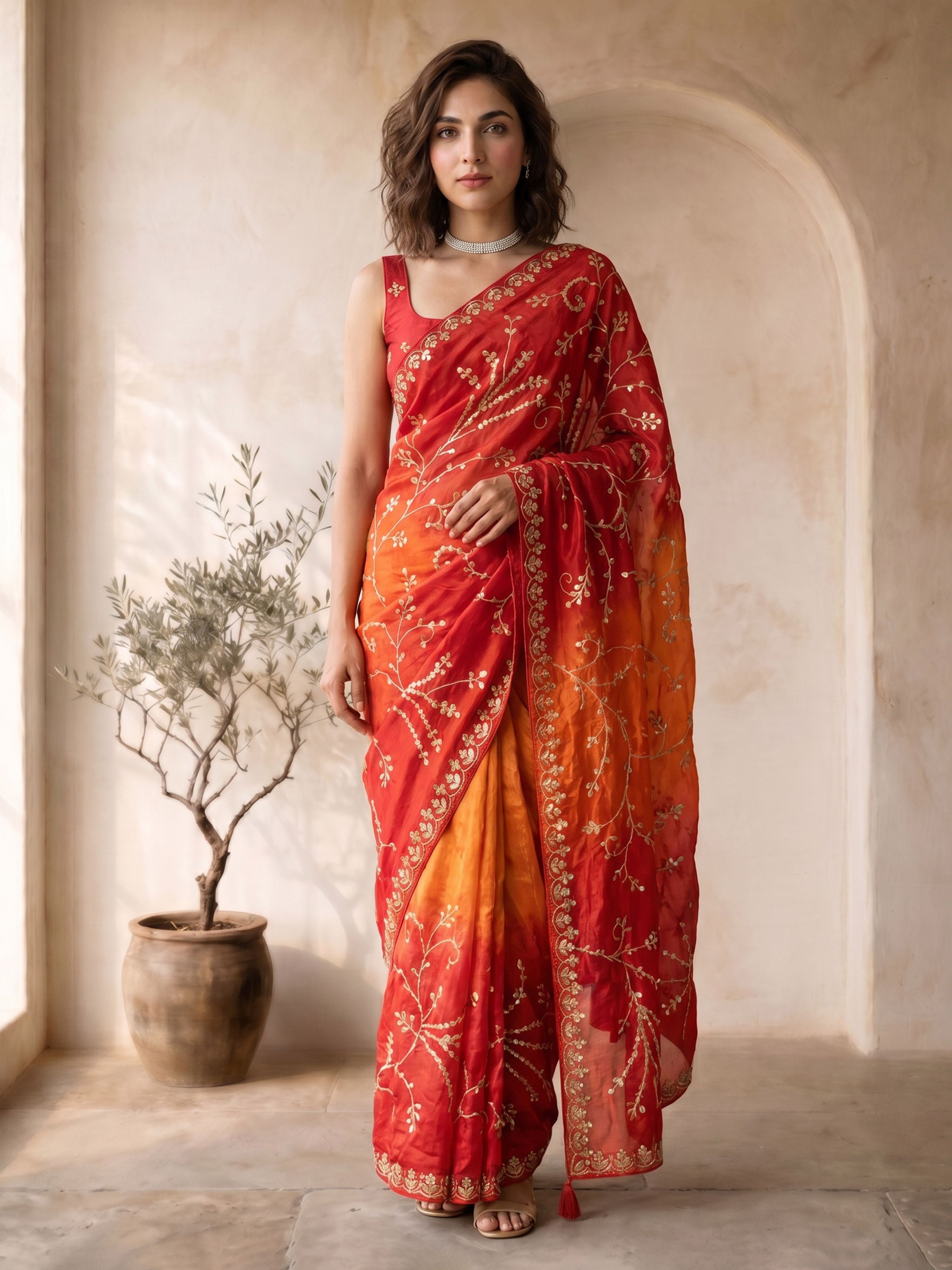 Red Ombre Silk Blend Embroidered Saree with Zari Border
