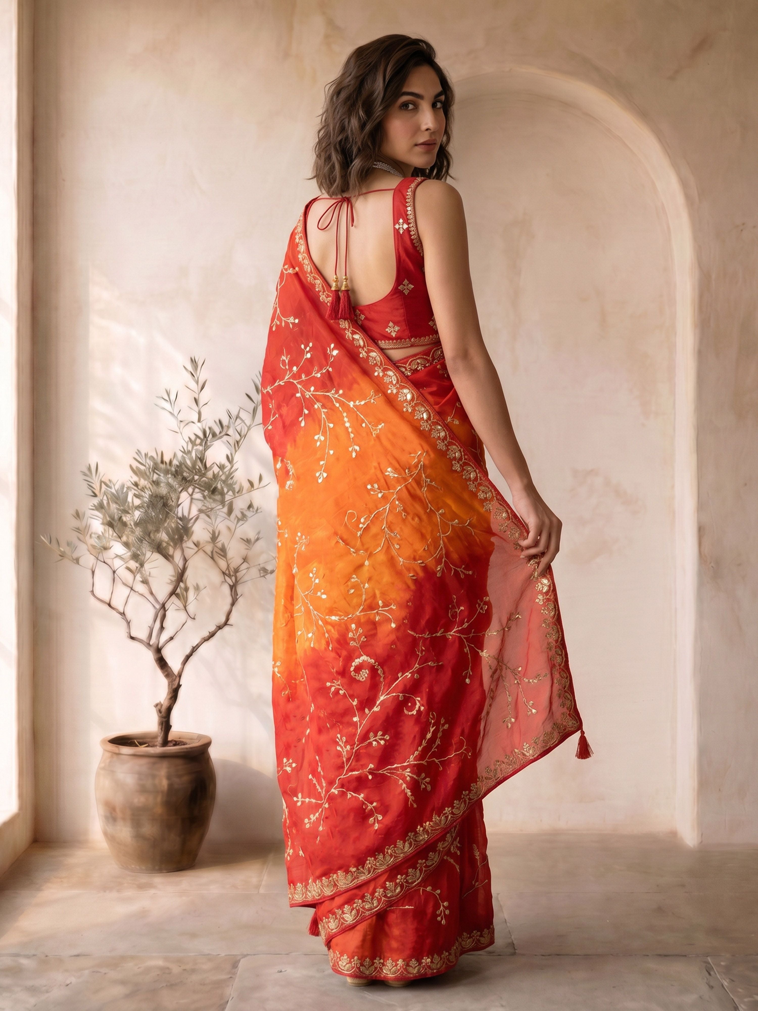Women's Red Silk-Blend Embroidered Saree With Unstitched Blouse Piece