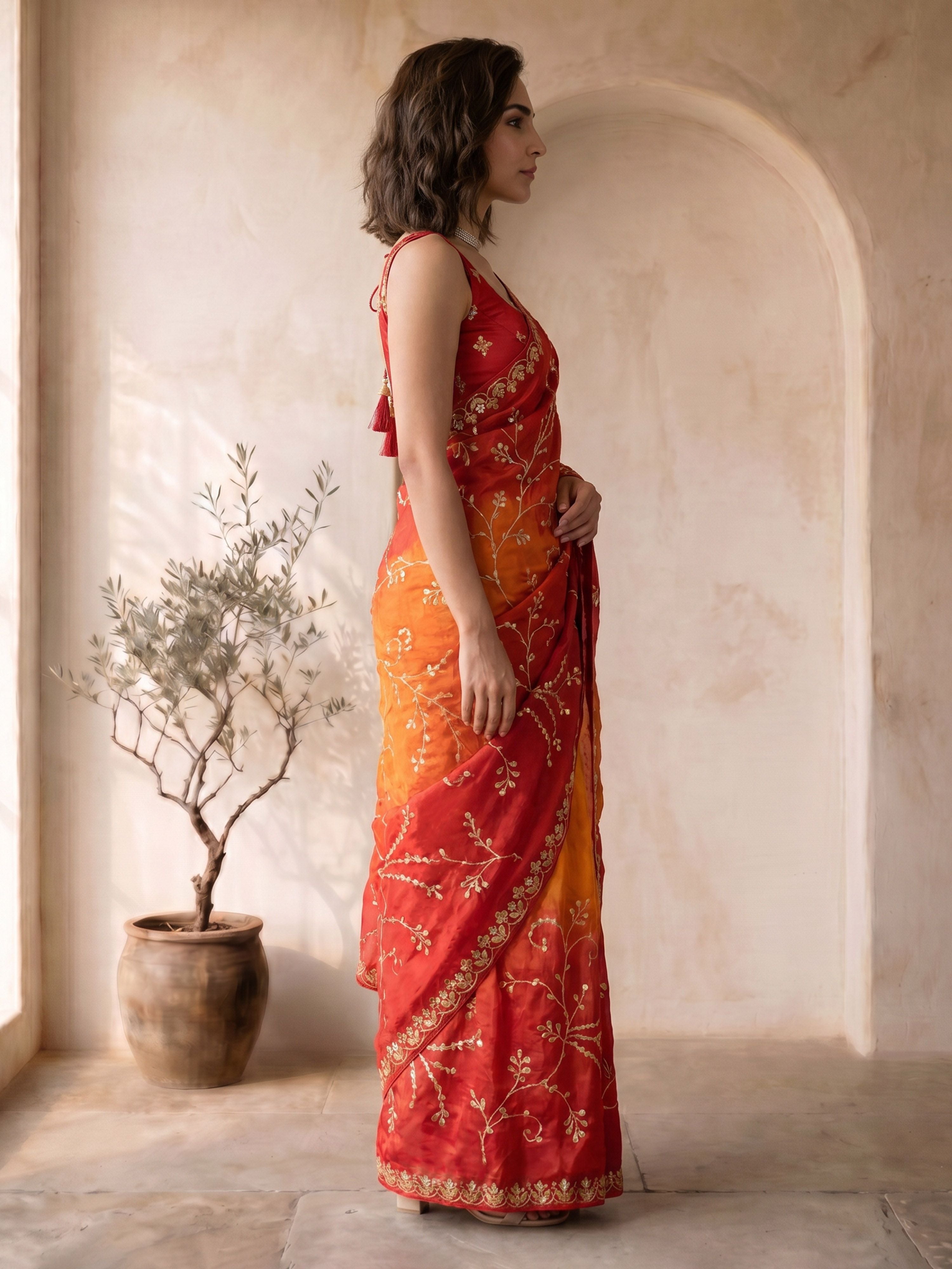 Women's Red Silk-Blend Embroidered Saree With Unstitched Blouse Piece