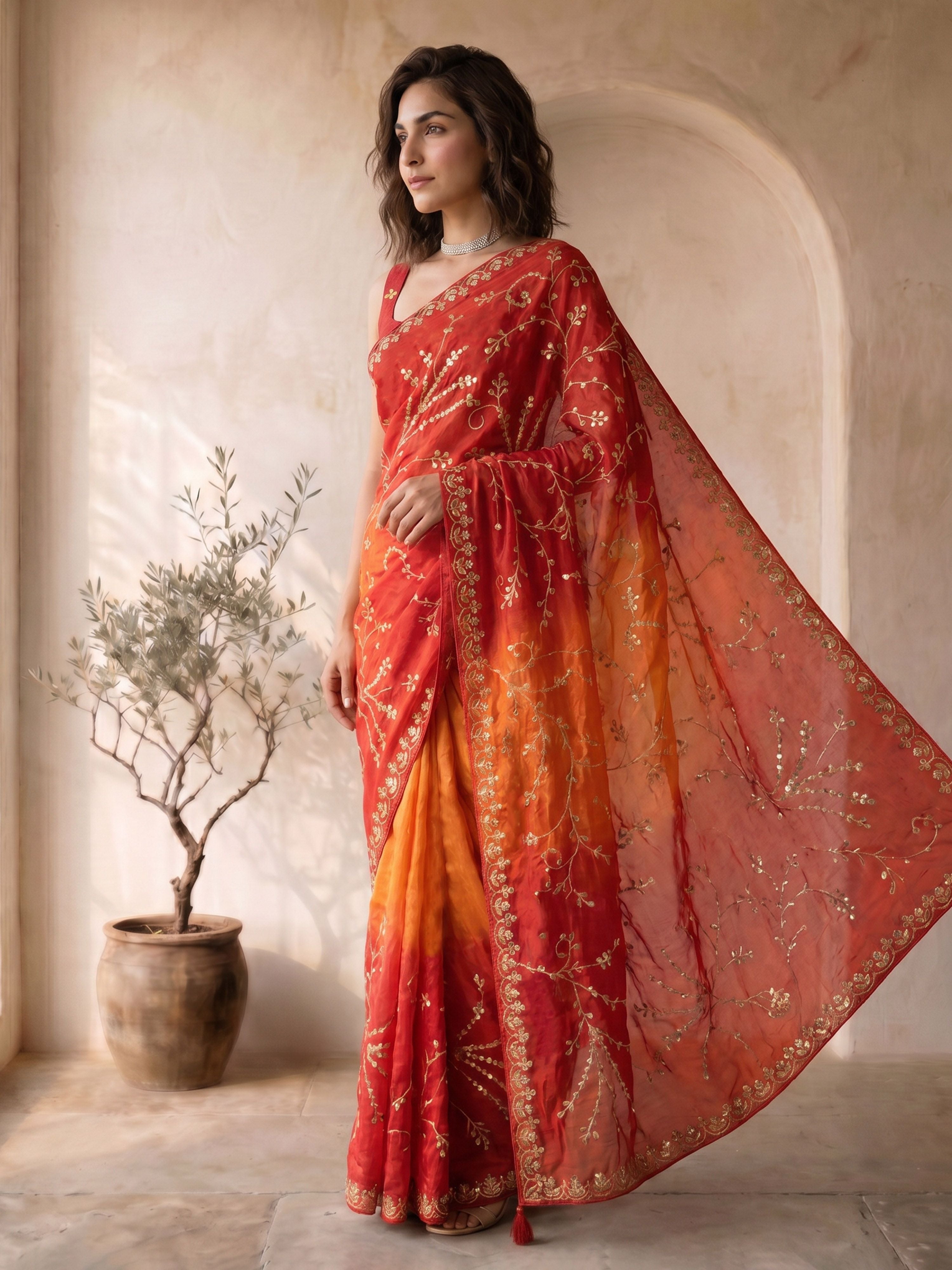 Women's Red Silk-Blend Embroidered Saree With Unstitched Blouse Piece