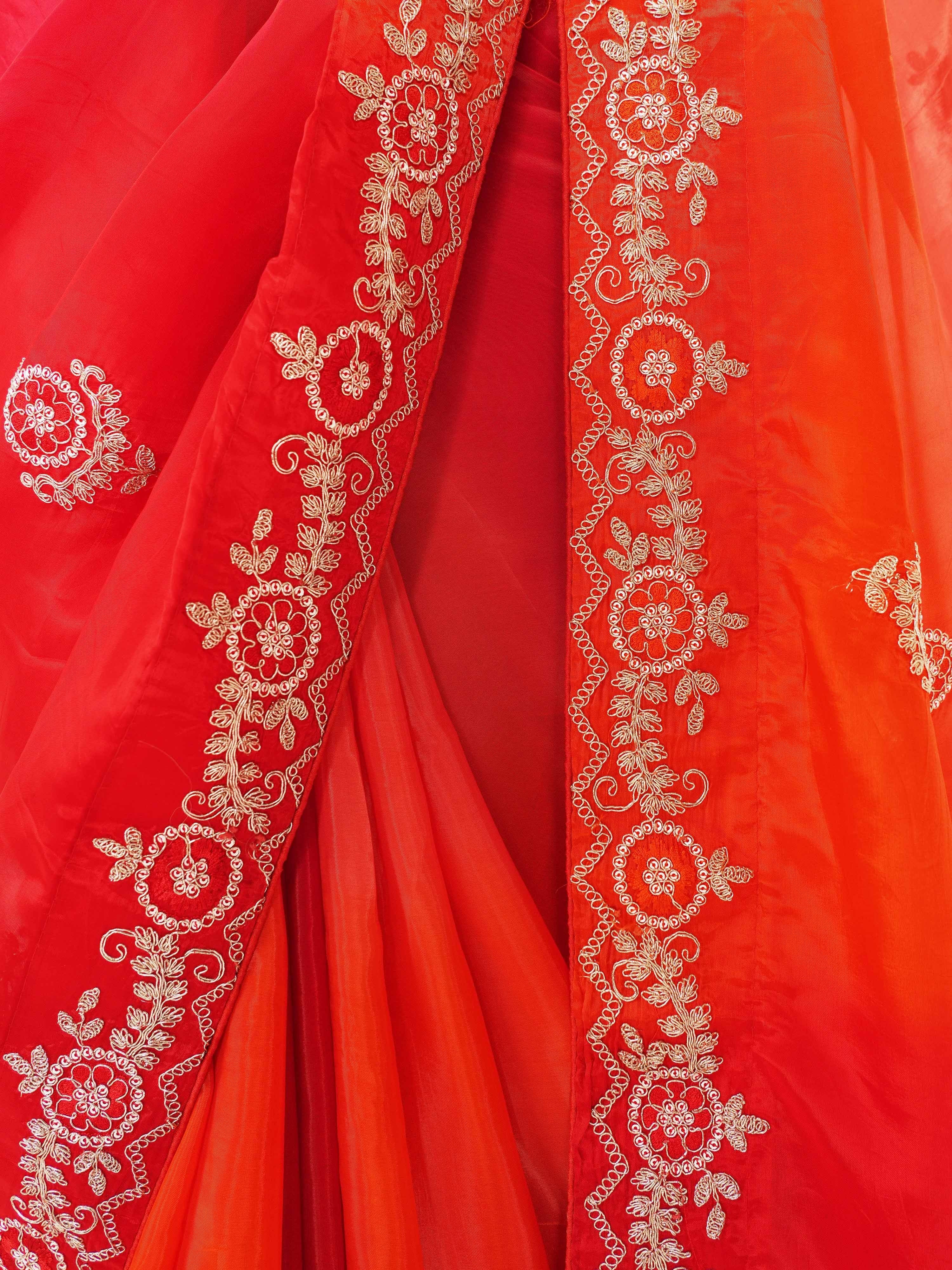 Women's Red Silk-Blend Embroidered Saree With Unstitched Blouse Piece