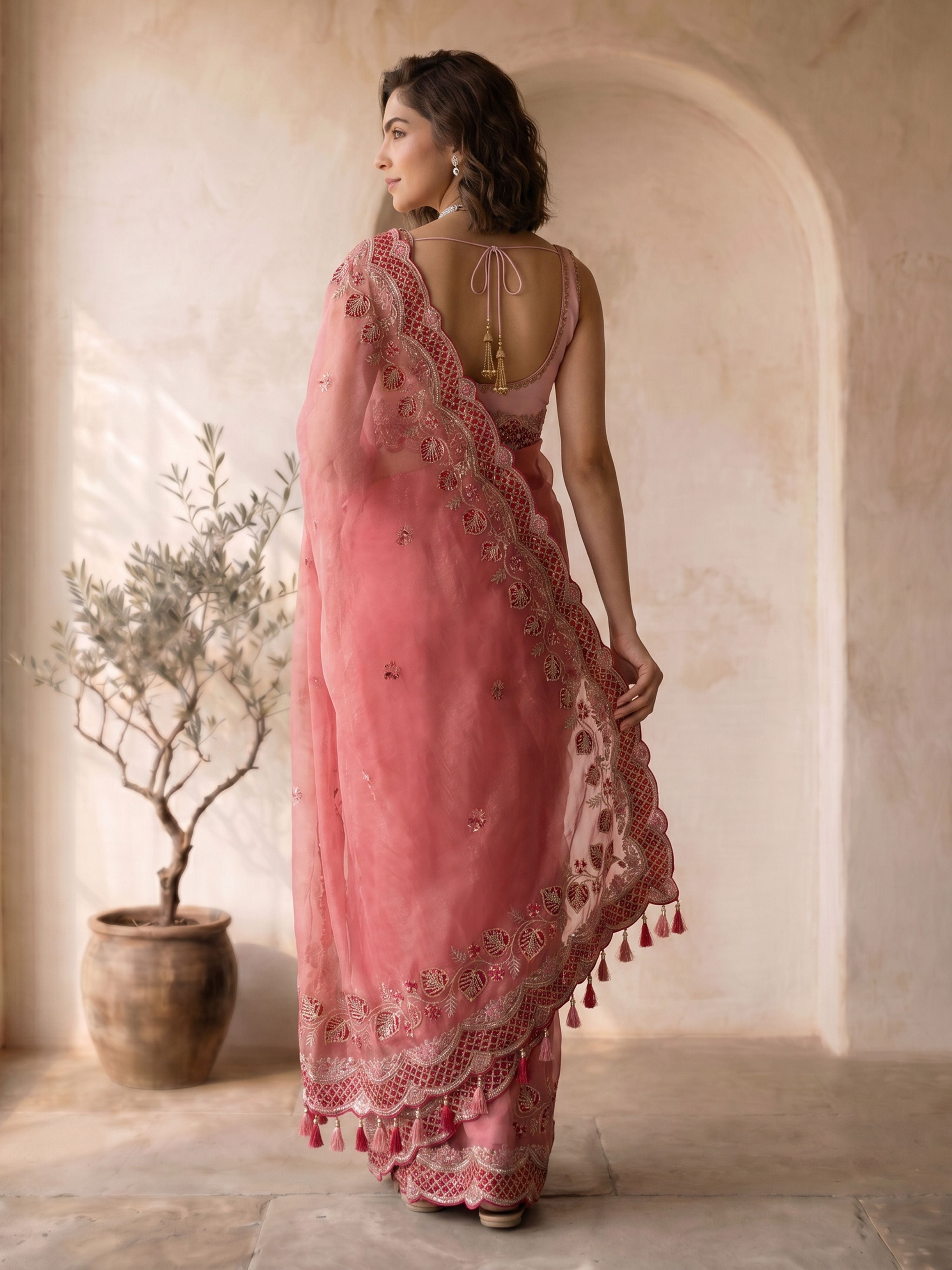 Women's Pink Organza Embroidered Saree With Unstitched Blouse Piece