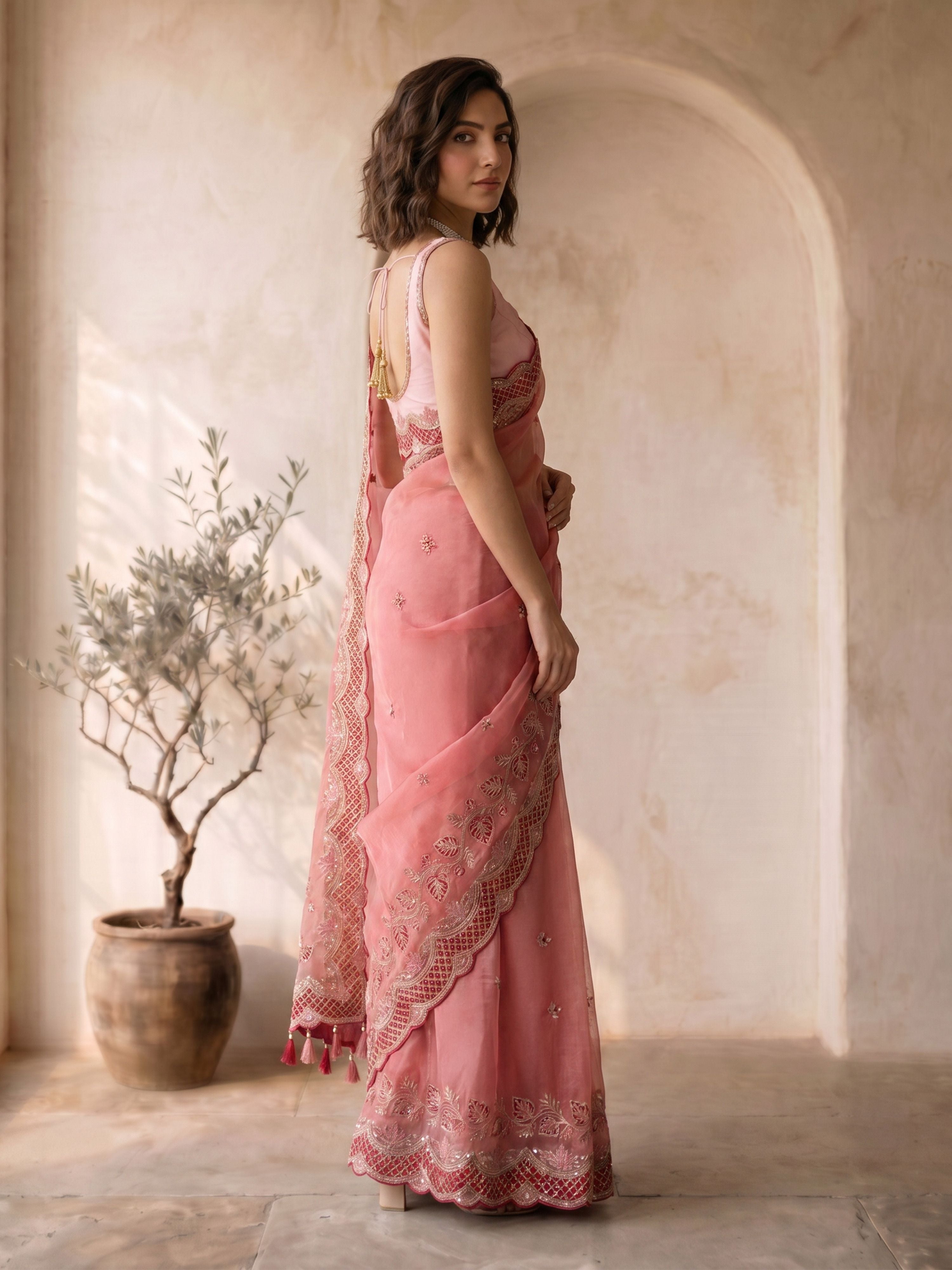 Women's Pink Organza Embroidered Saree With Unstitched Blouse Piece