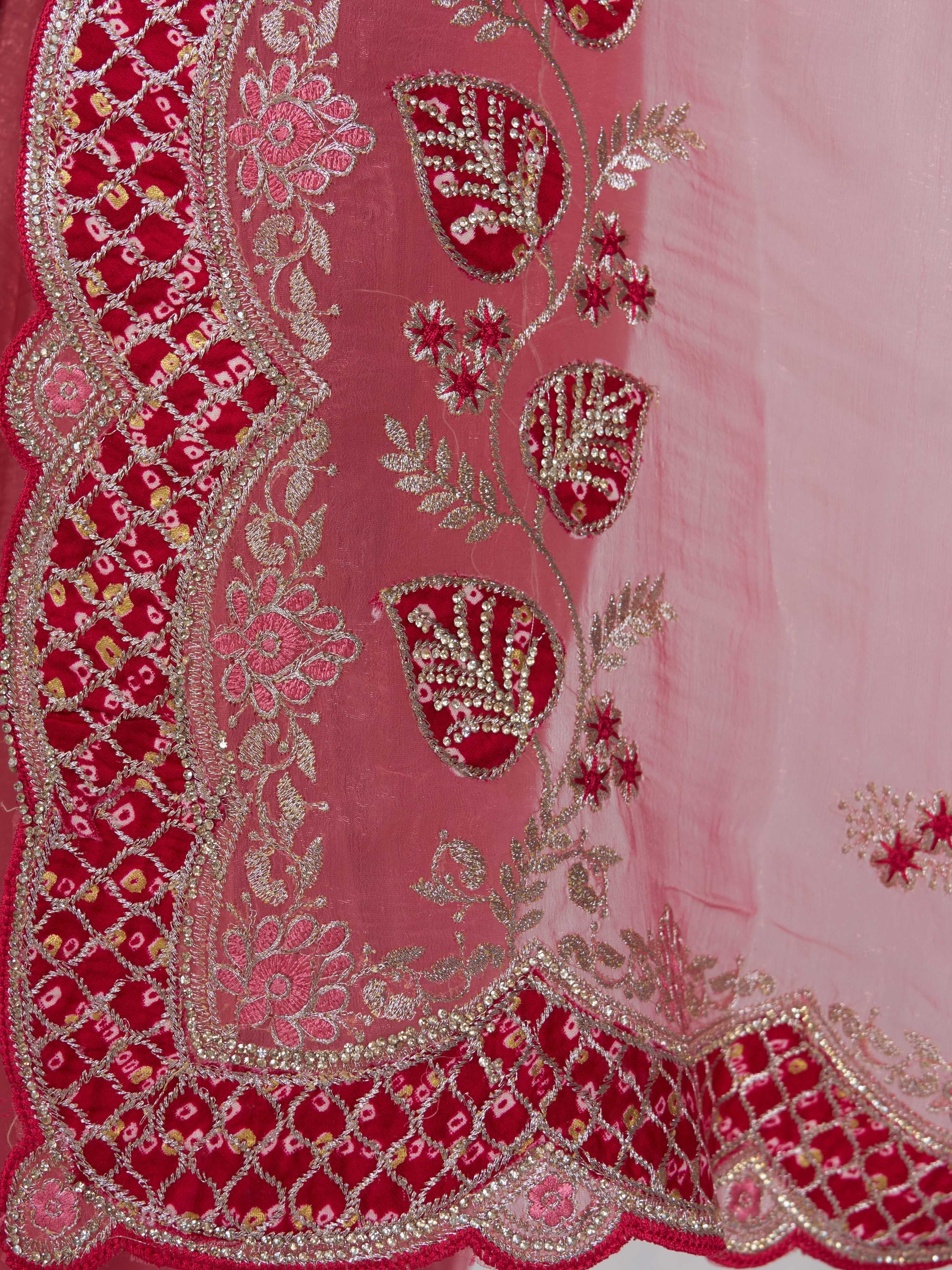 Women's Pink Organza Embroidered Saree With Unstitched Blouse Piece