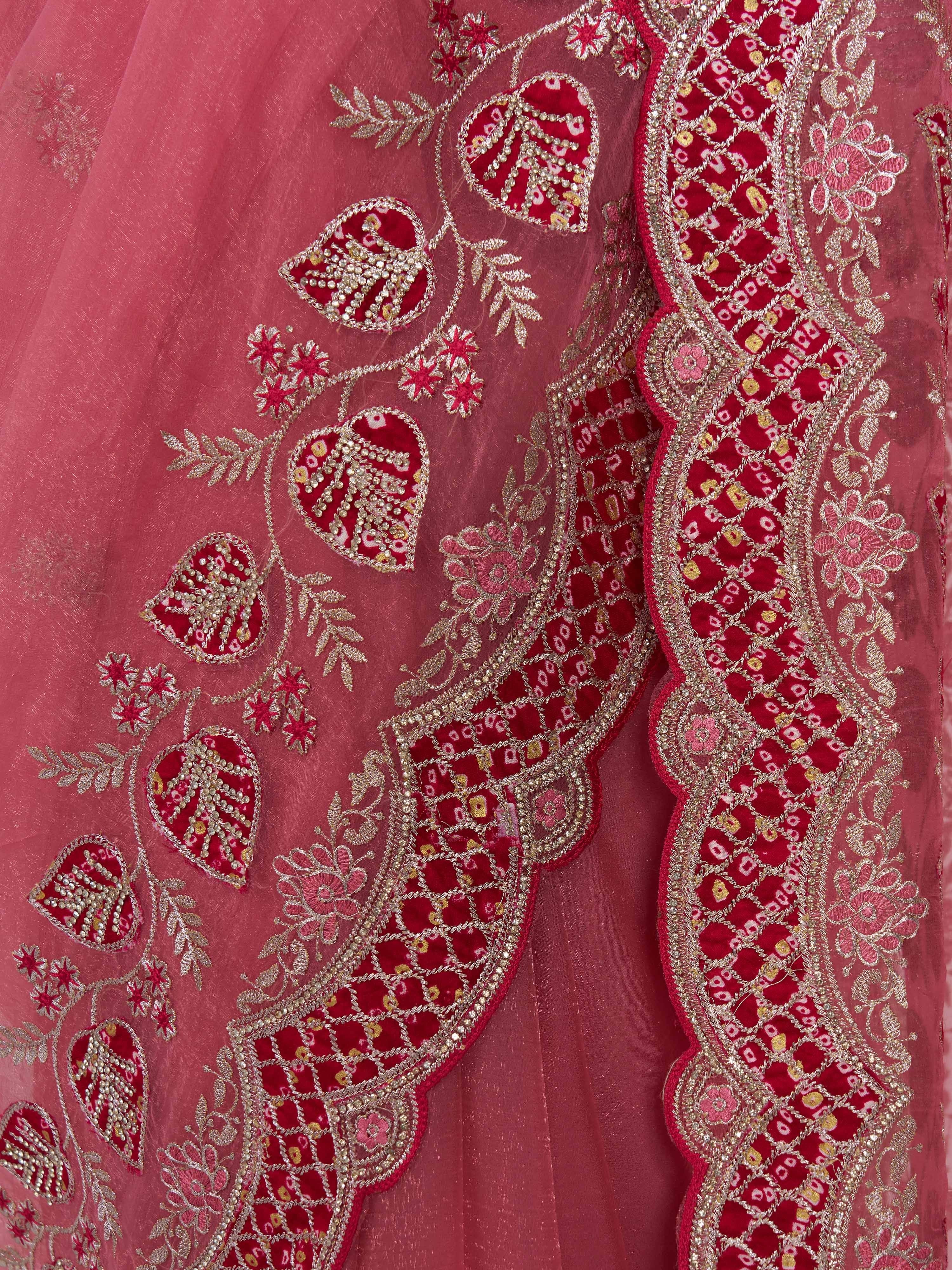 Women's Pink Organza Embroidered Saree With Unstitched Blouse Piece