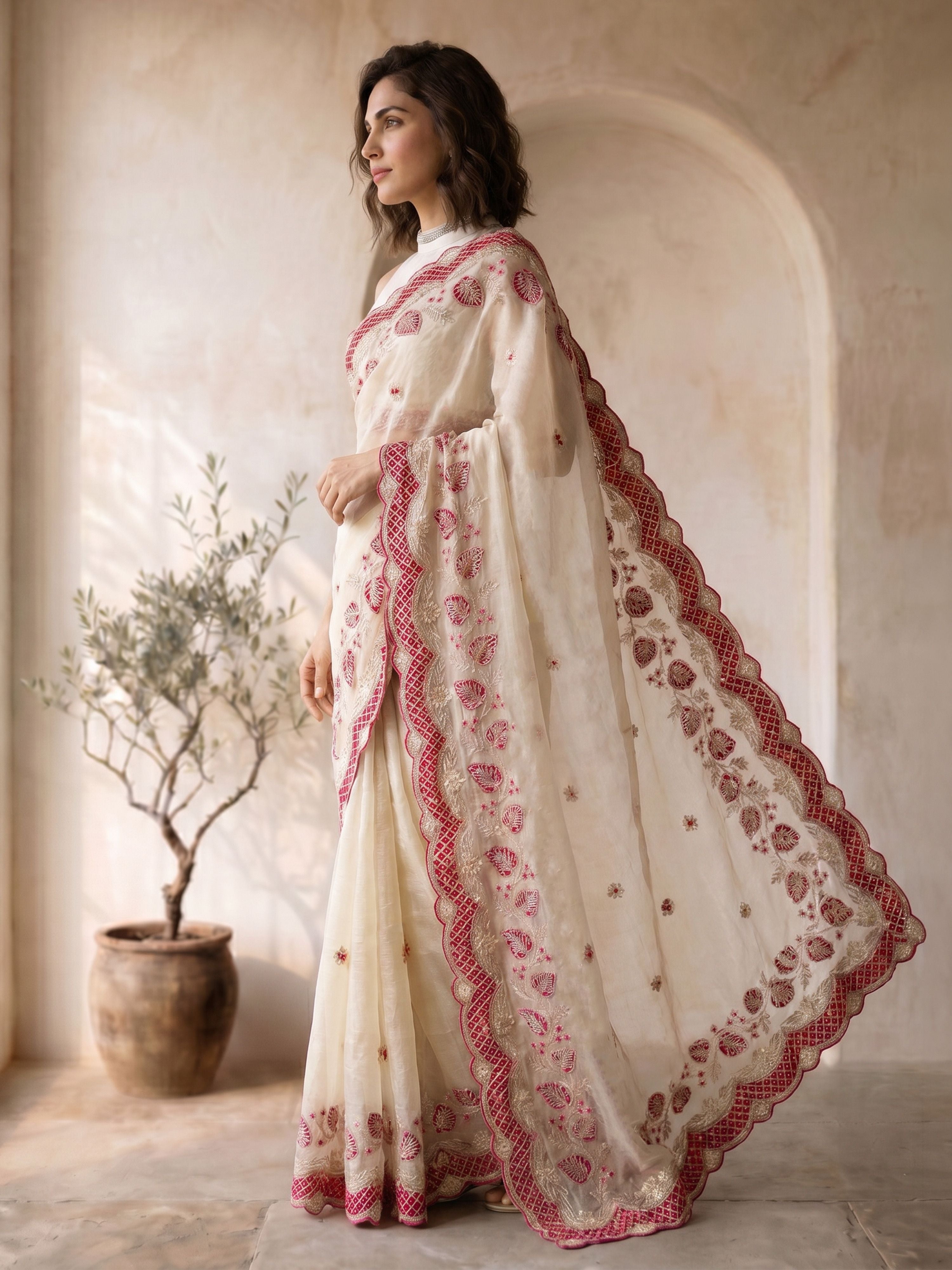 White Organza Embroidered Saree with Red Border