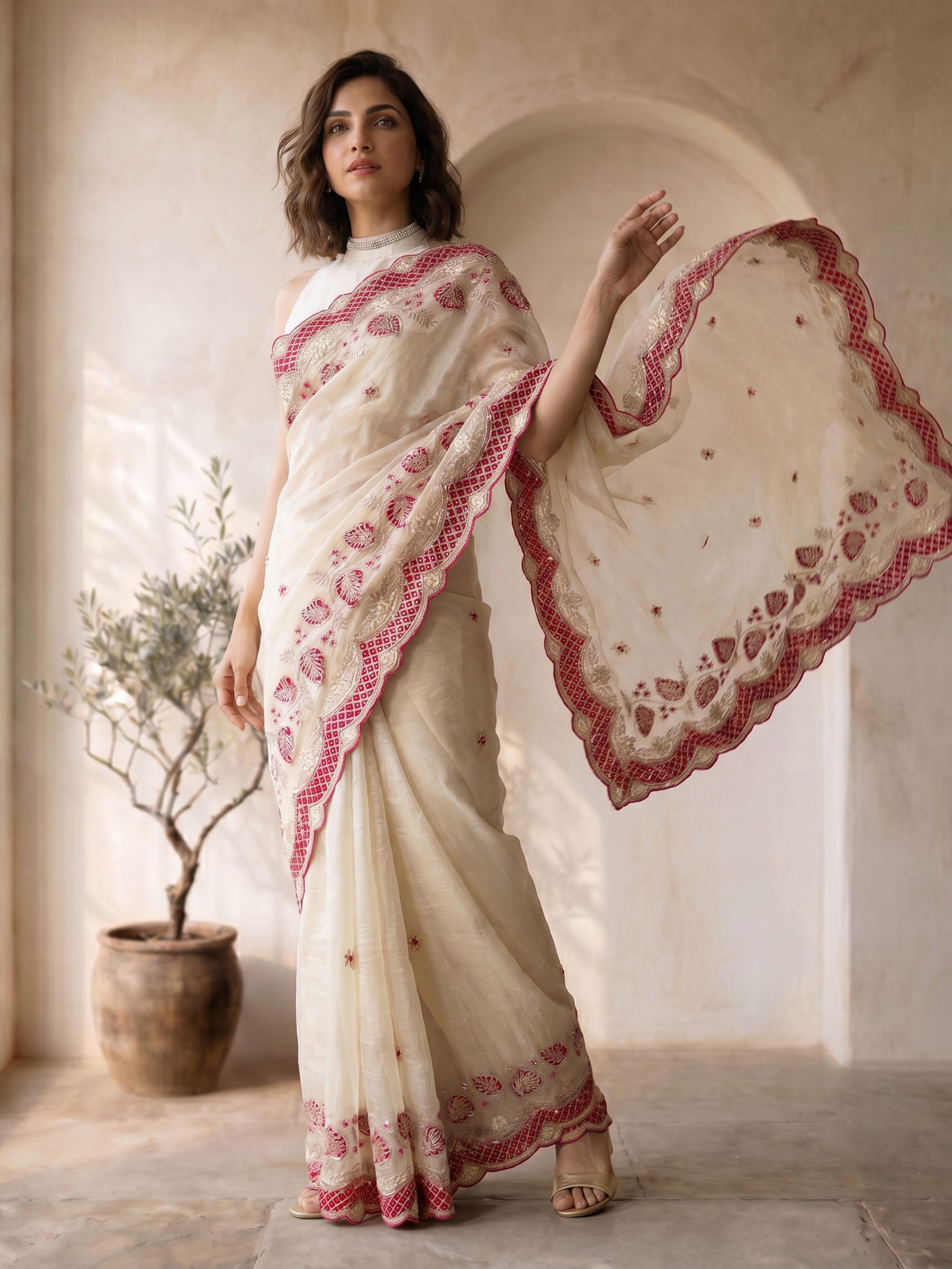 Women's White Organza Embroidered Saree With Unstitched Blouse Piece