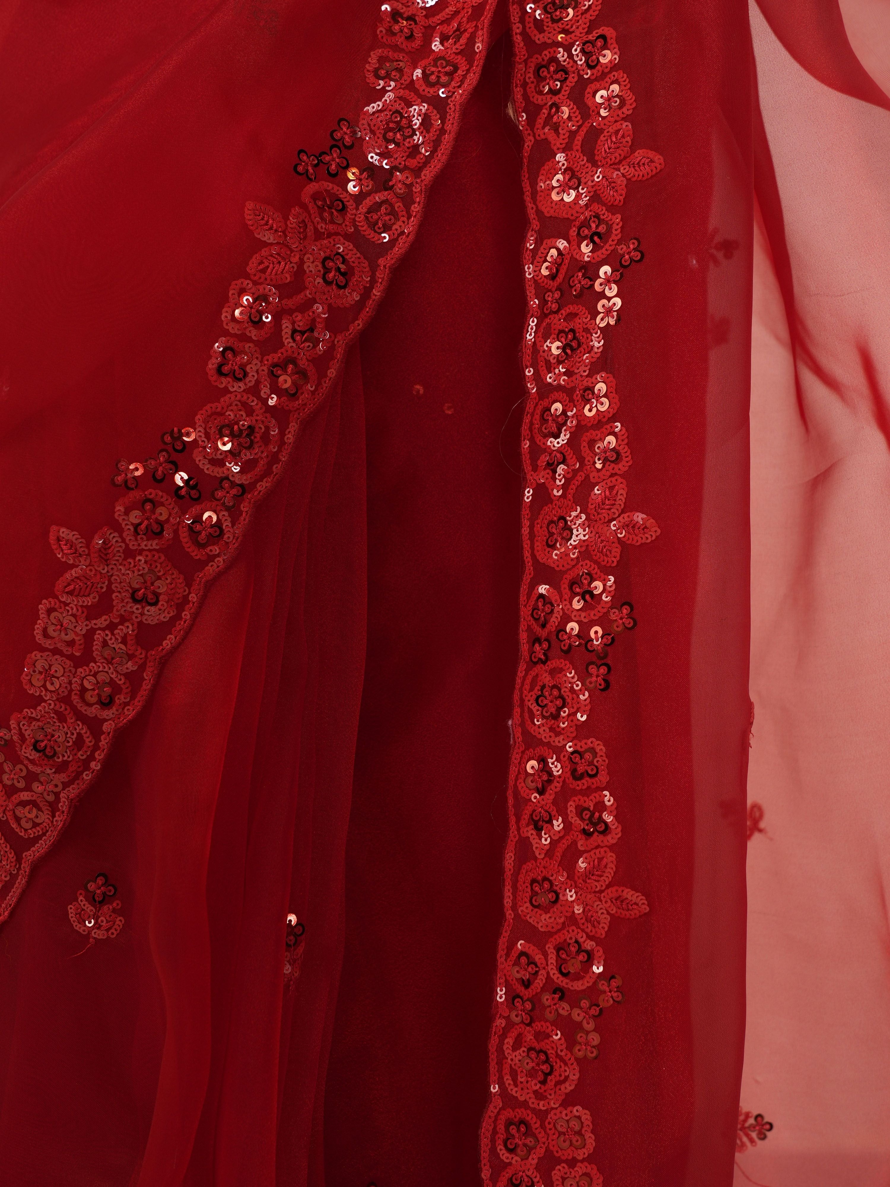 Women's Red Organza Ethnic Motifs Saree With Unstitched Blouse Piece