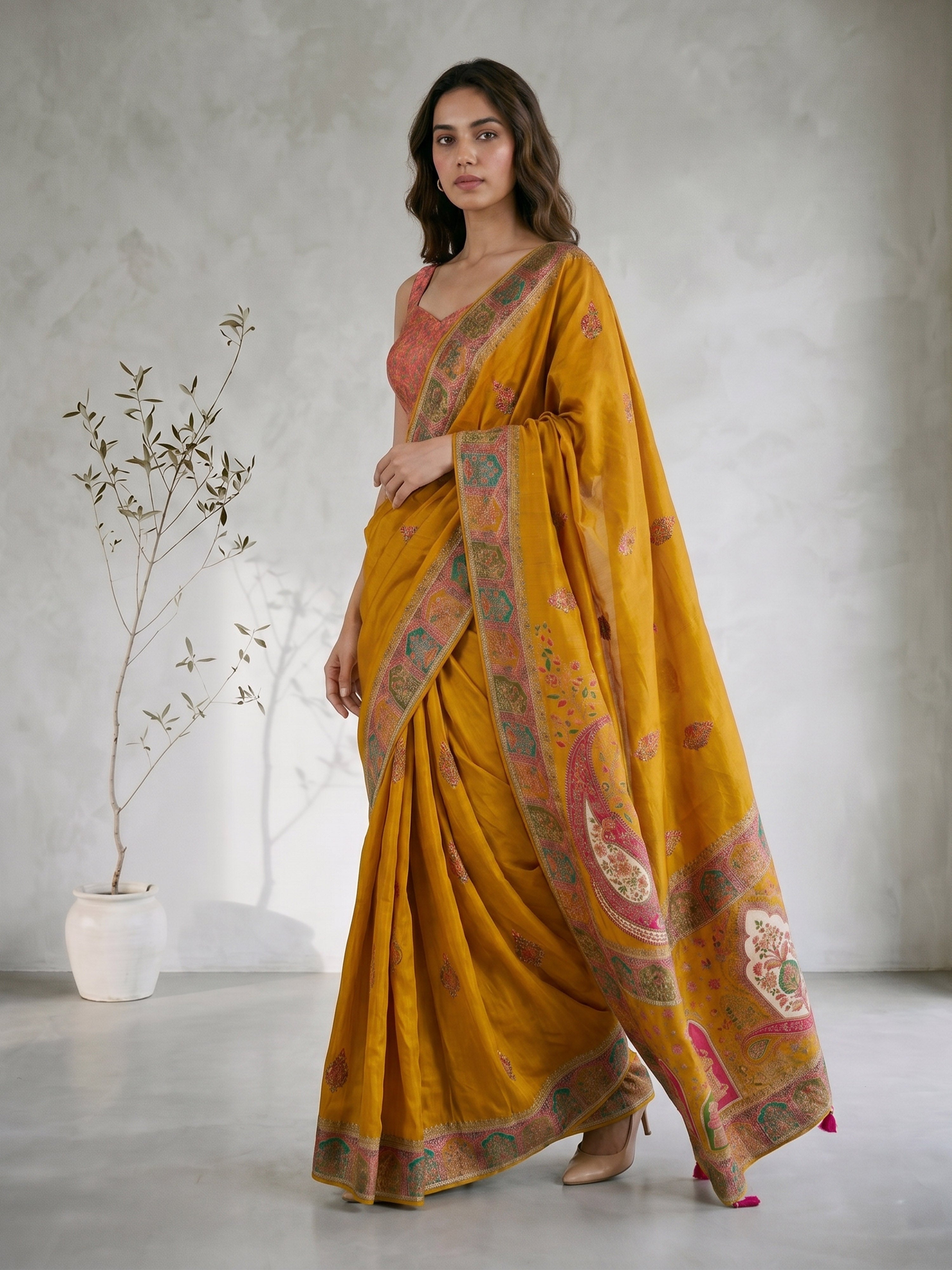 Women's Yellow Cotton-Silk Ethnic Motifs Saree With Unstitched Blouse Piece