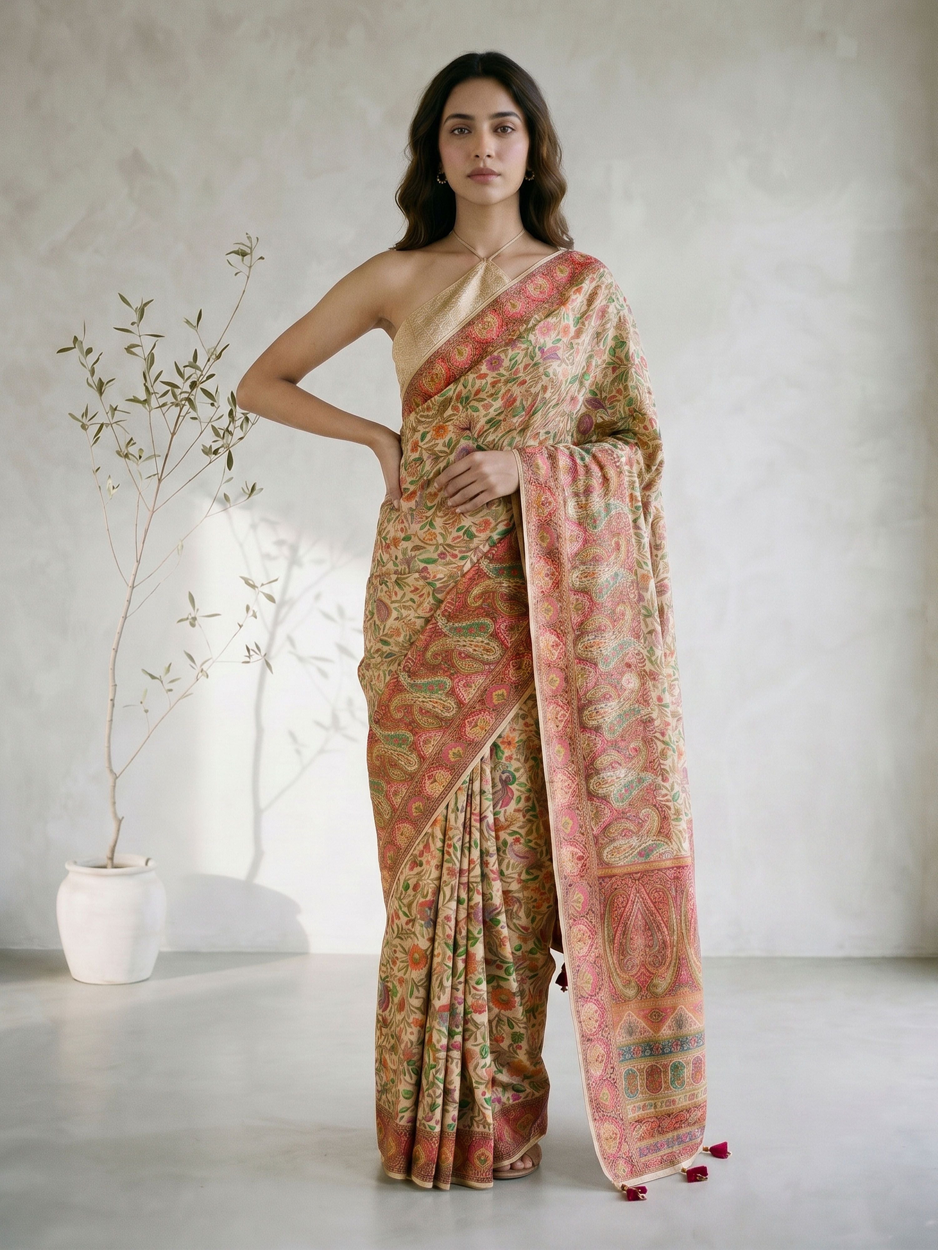 Multicolor Cotton Silk Floral Printed Saree with Tassels
