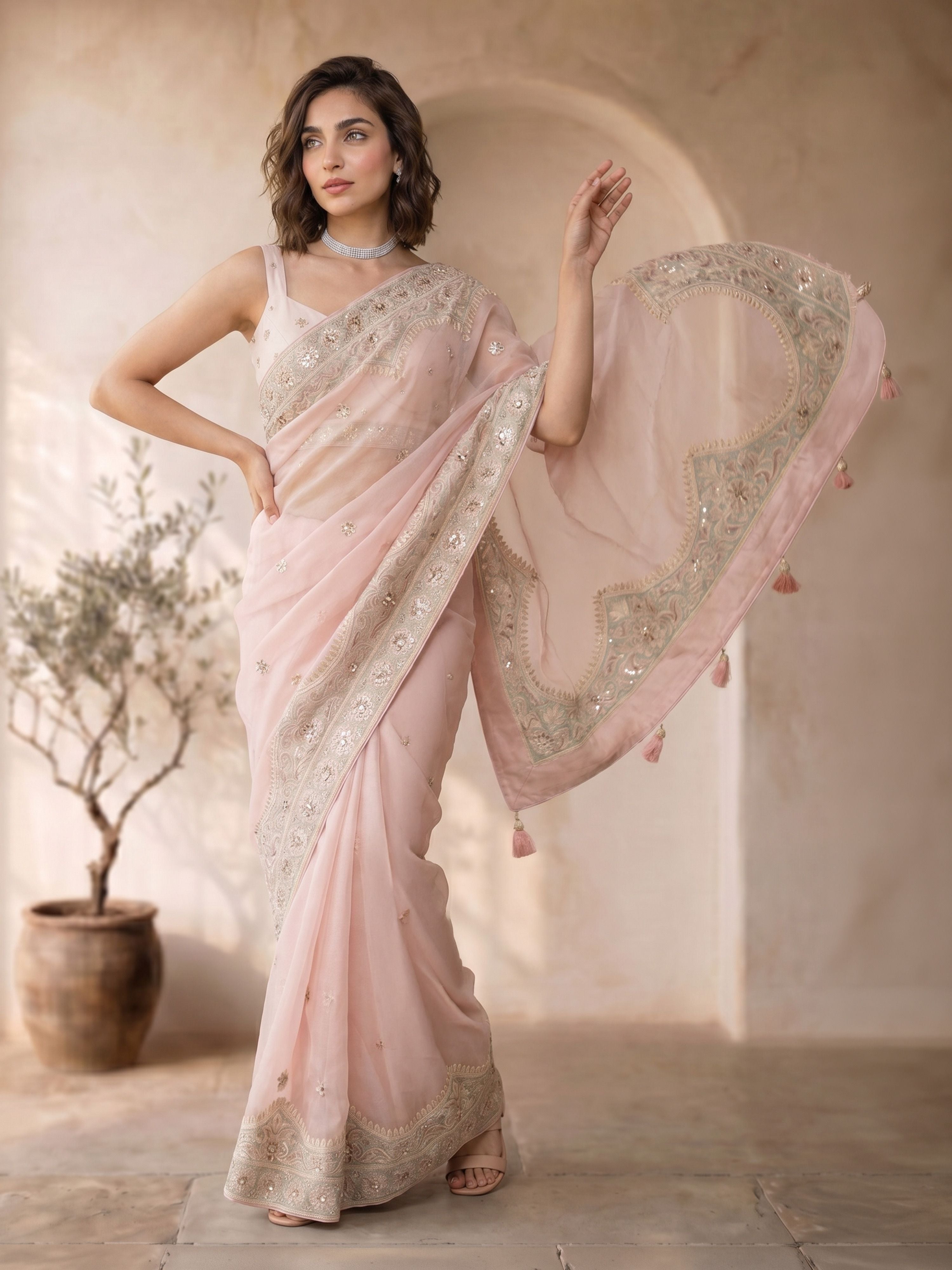 Pastel Pink Georgette Embroidered Sequin Saree with Tassels