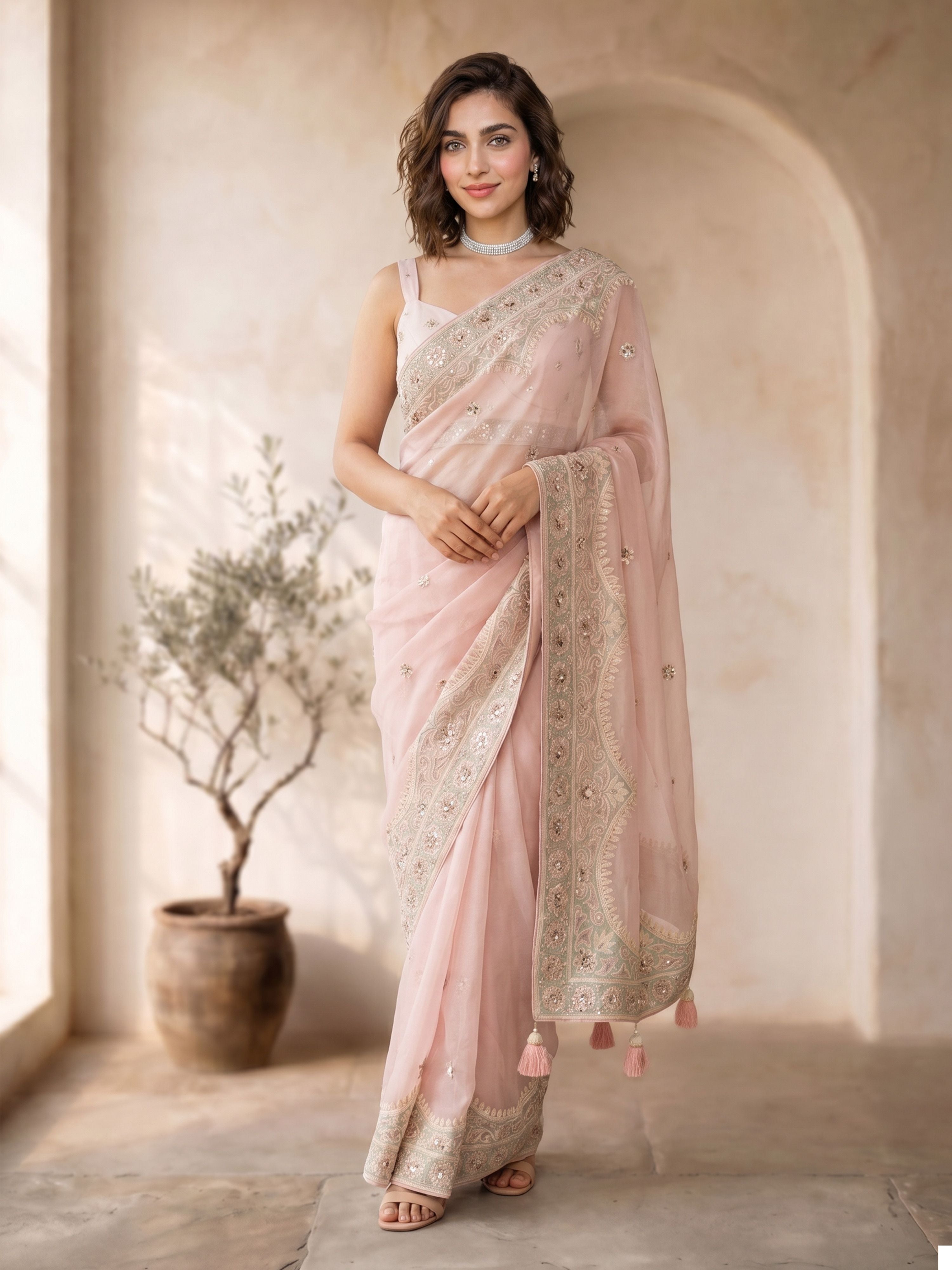 Women's Pink Georgette Embroidered Saree With Unstitched Blouse Piece