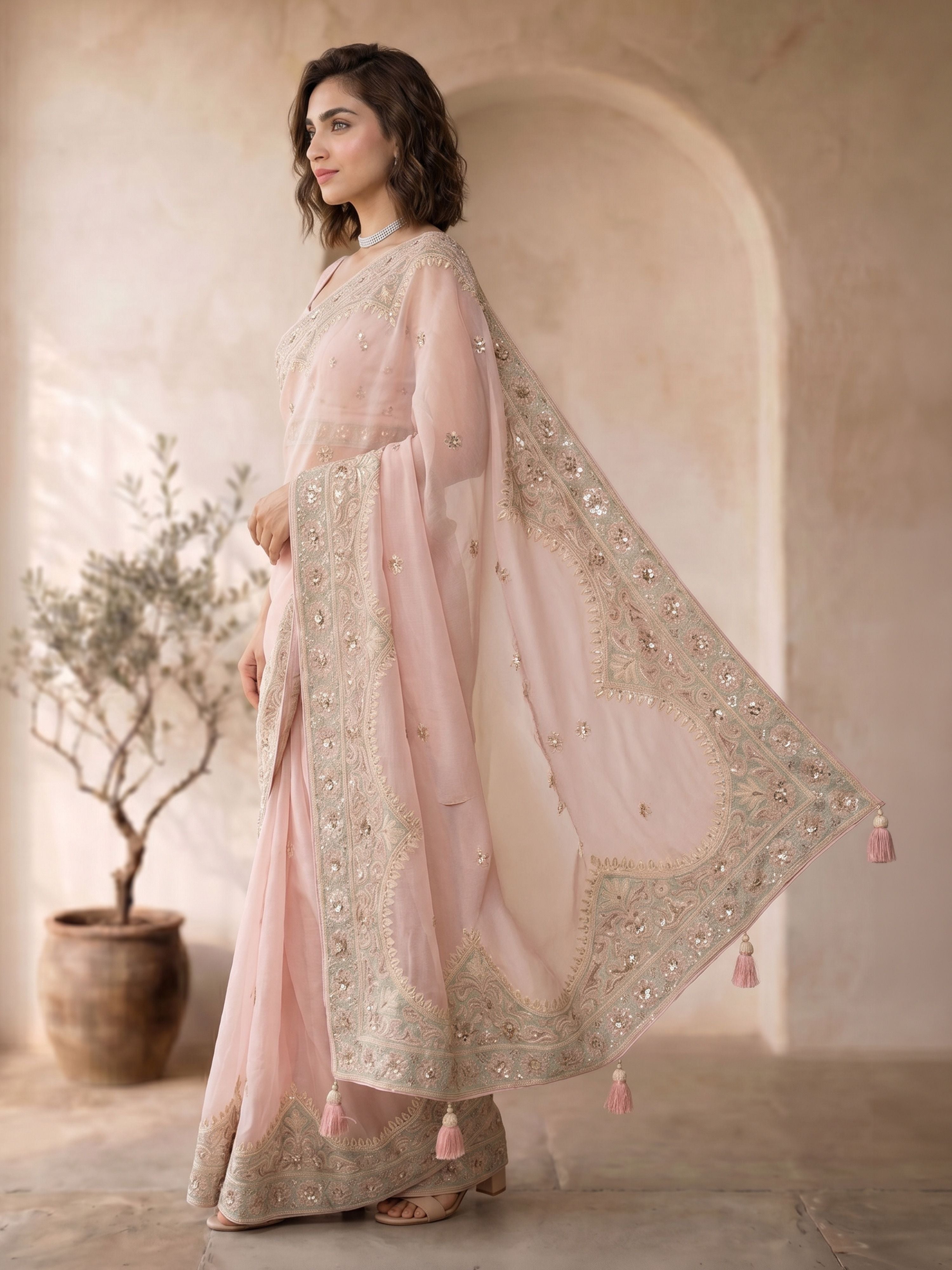 Women's Pink Georgette Embroidered Saree With Unstitched Blouse Piece