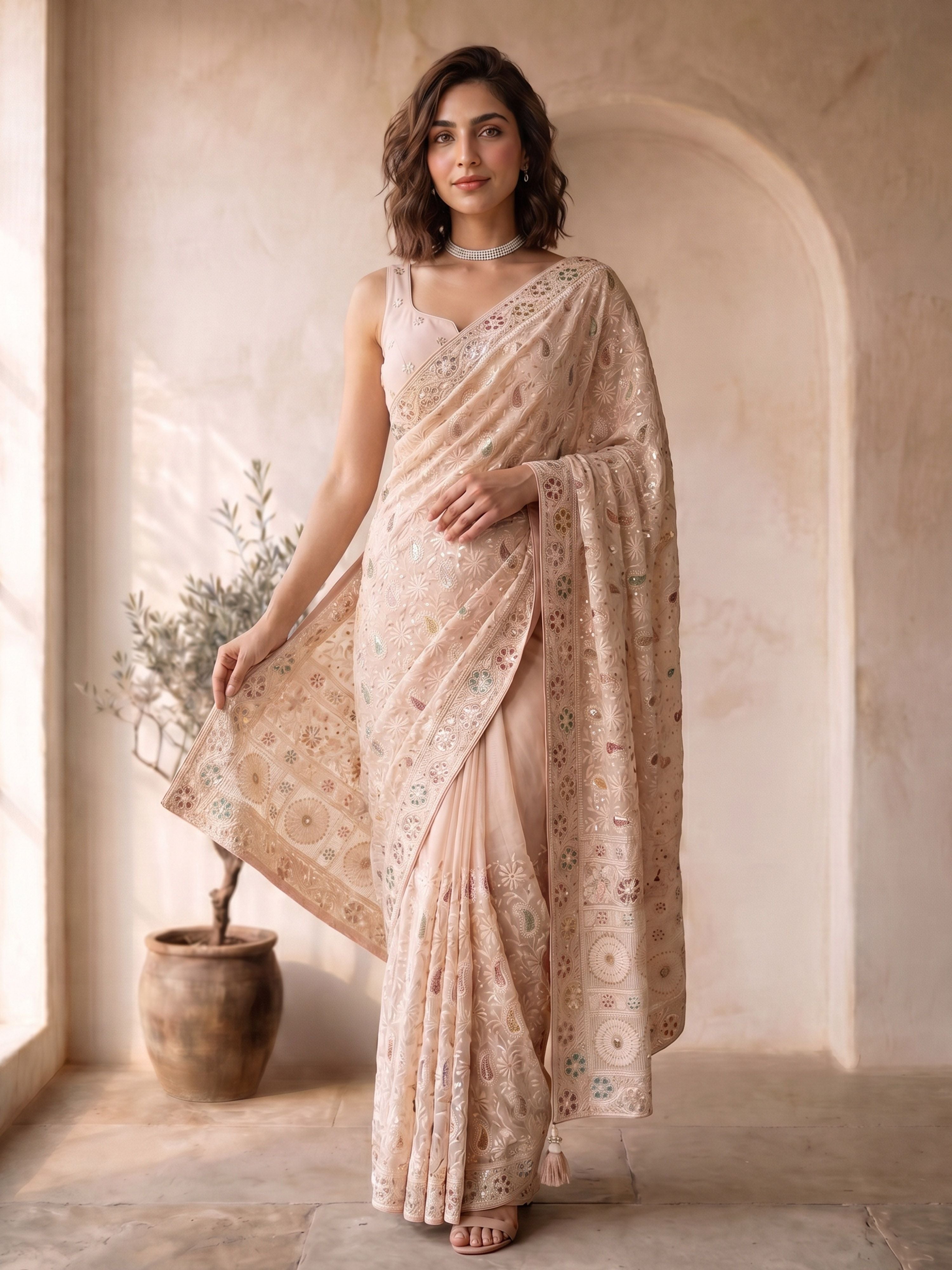 Peach Georgette Embroidered Saree with Blouse Piece