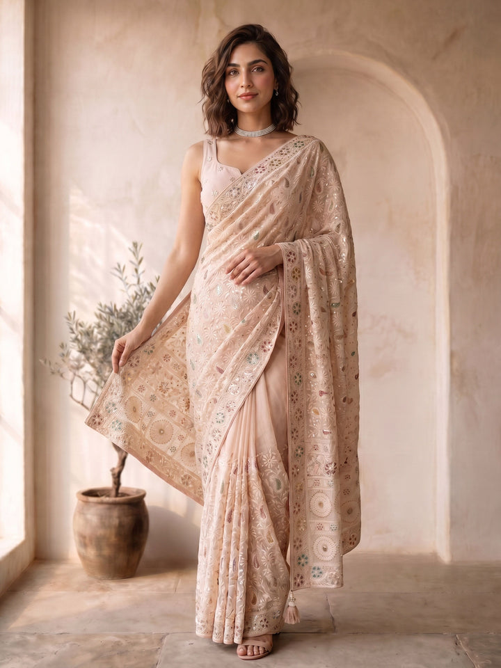 Peach Georgette Embroidered Saree with Blouse Piece