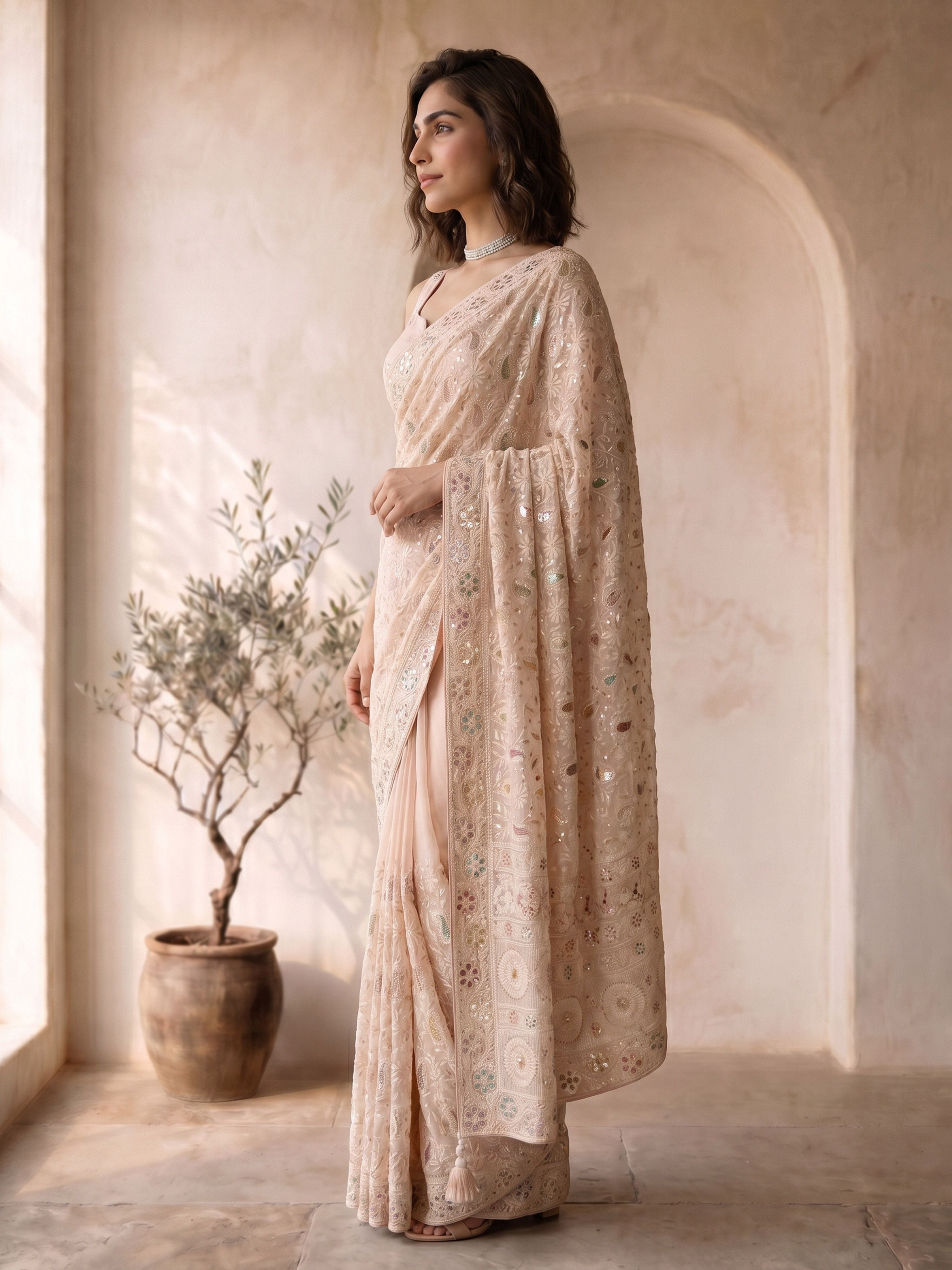 Women's Peach Georgette Embroidered Saree With Unstitched Blouse Piece