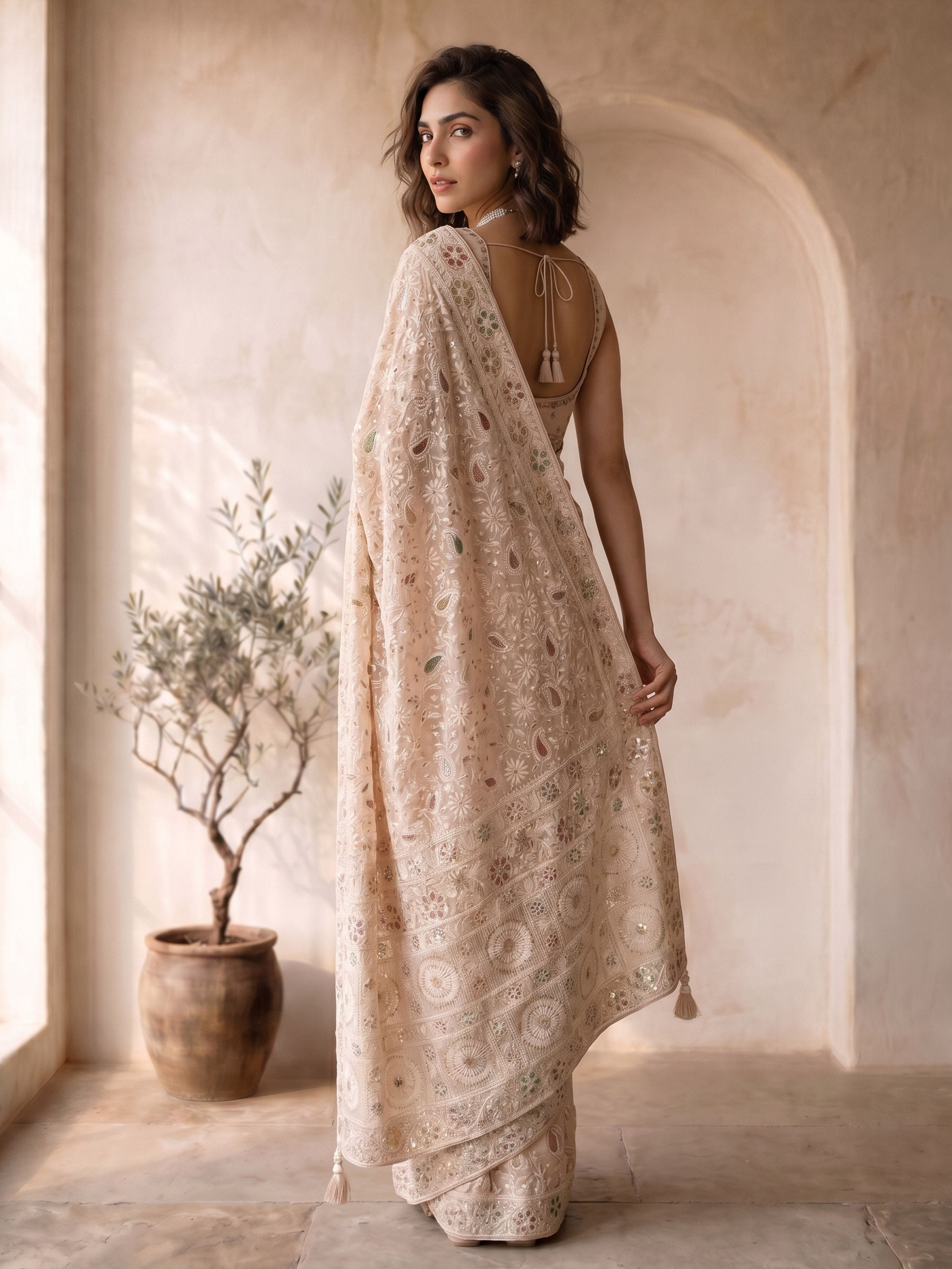 Women's Peach Georgette Embroidered Saree With Unstitched Blouse Piece