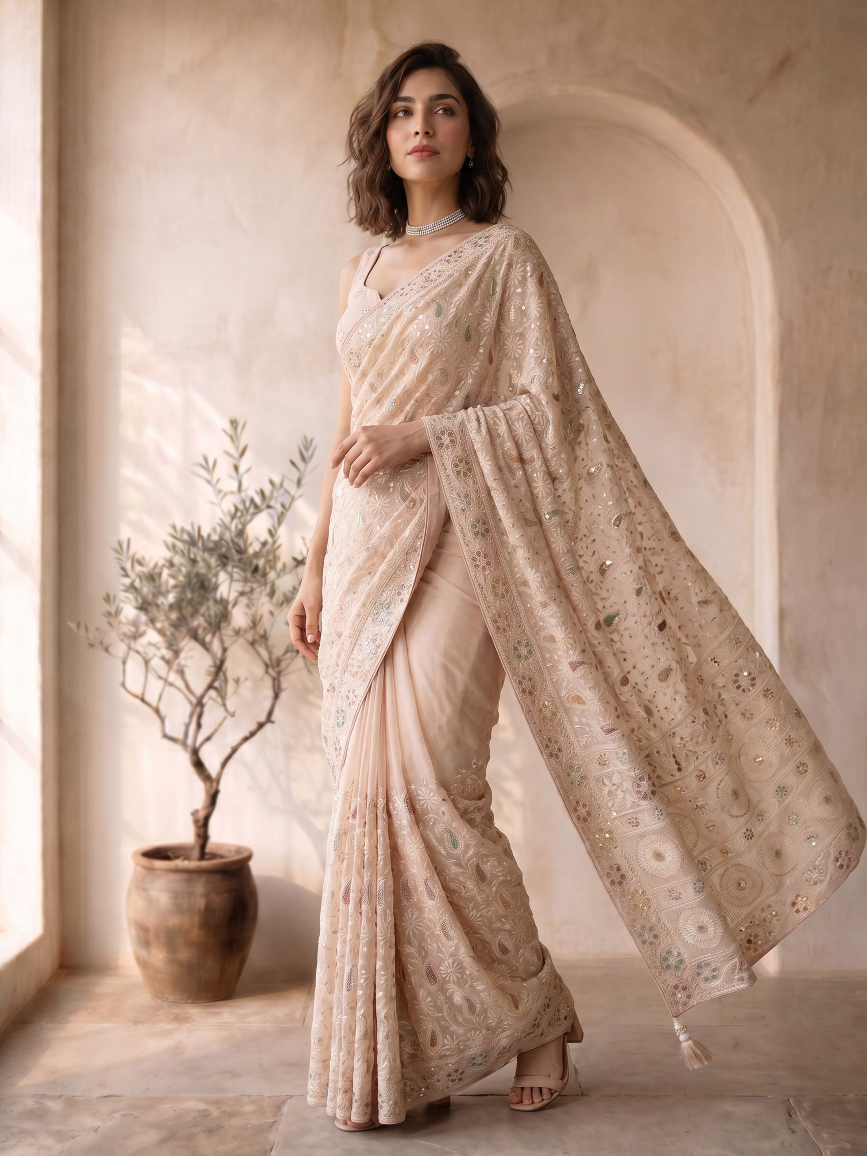 Women's Peach Georgette Embroidered Saree With Unstitched Blouse Piece