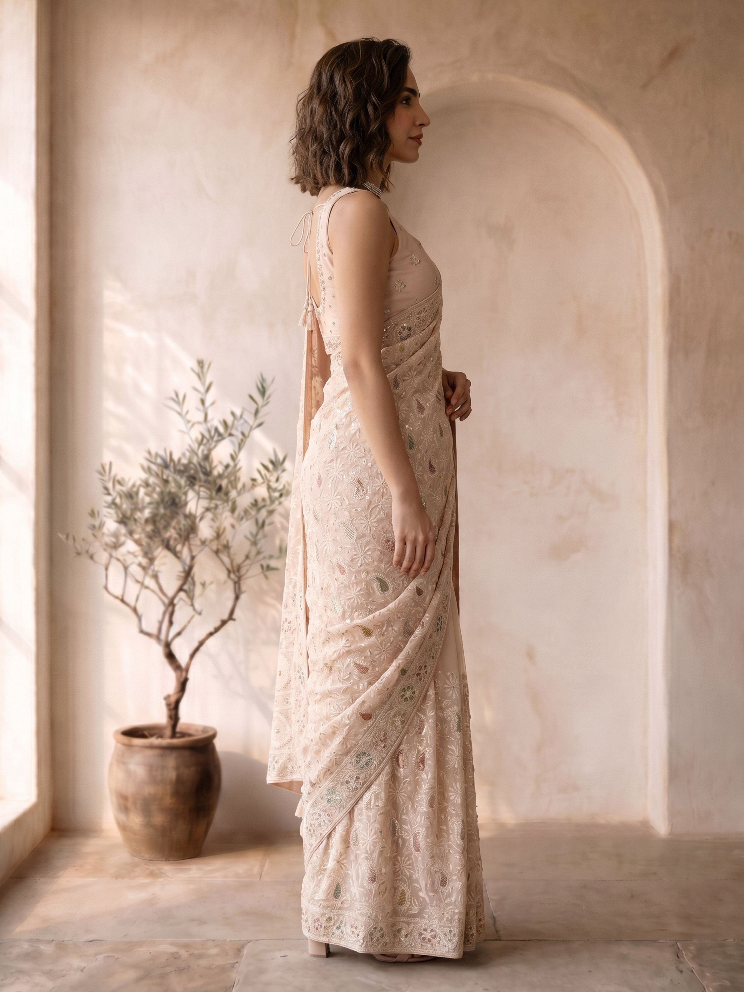 Women's Peach Georgette Embroidered Saree With Unstitched Blouse Piece