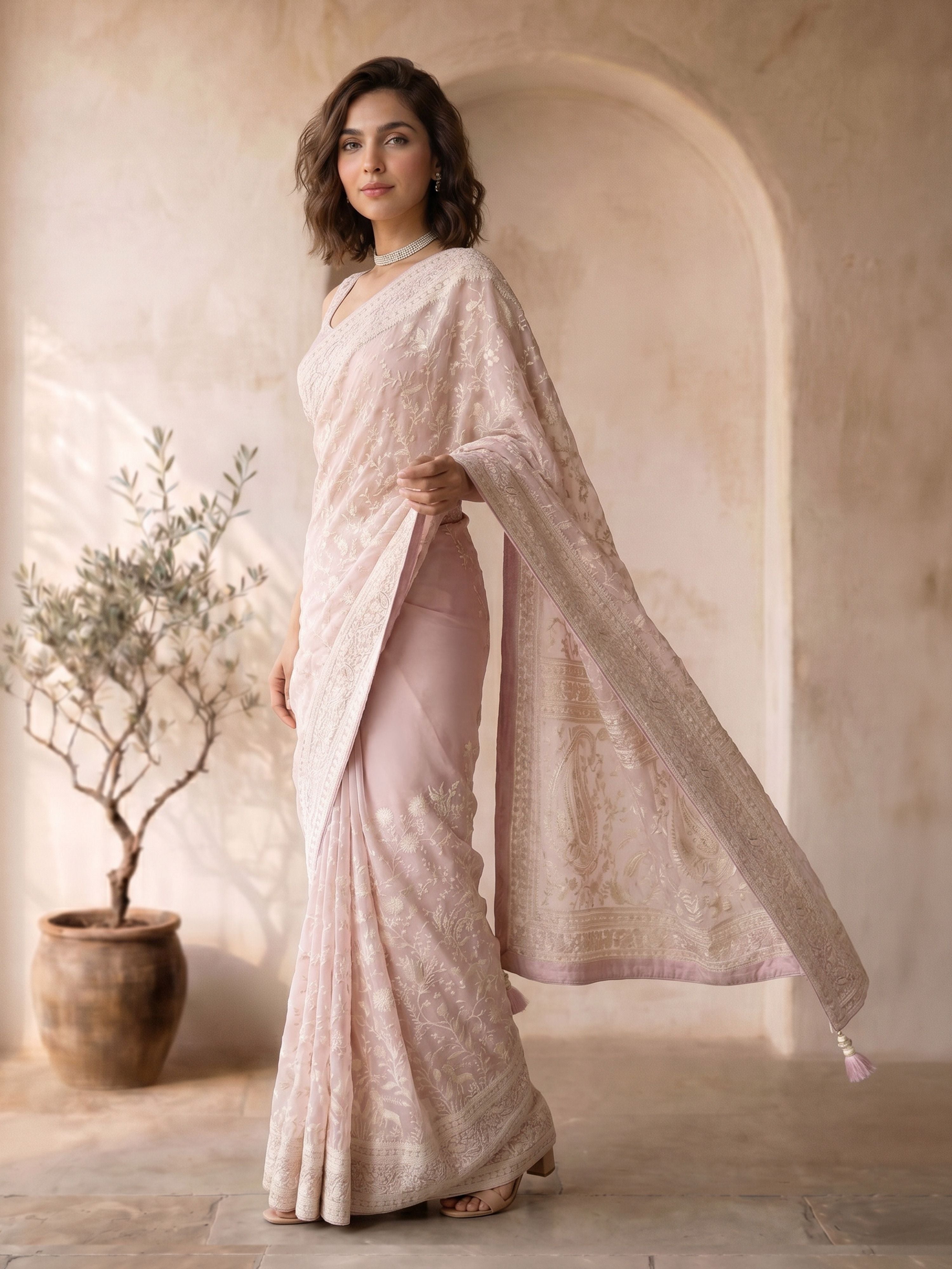 Pastel Pink Georgette Embroidered Floral Saree with Tassels