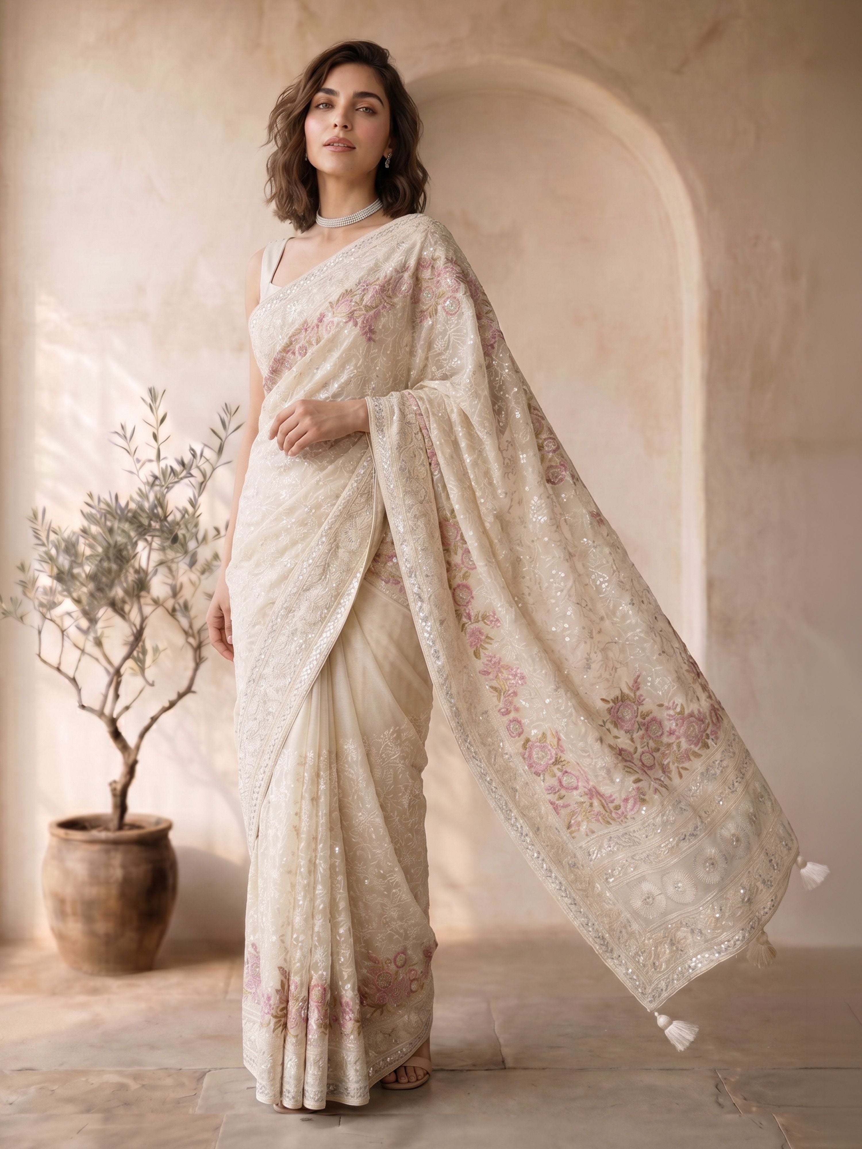Women's Cream Georgette Embroidered Saree With Unstitched Blouse Piece