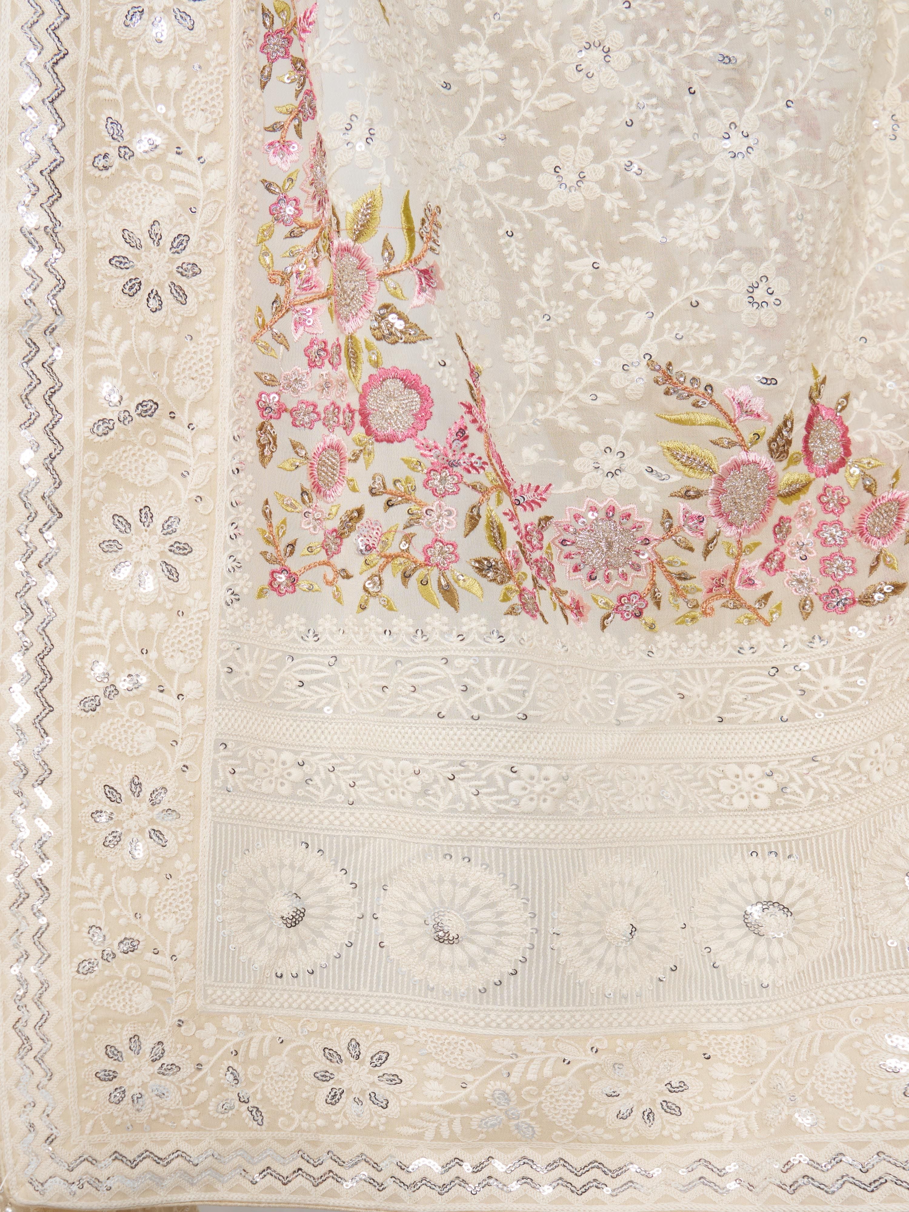 Women's Cream Georgette Embroidered Saree With Unstitched Blouse Piece
