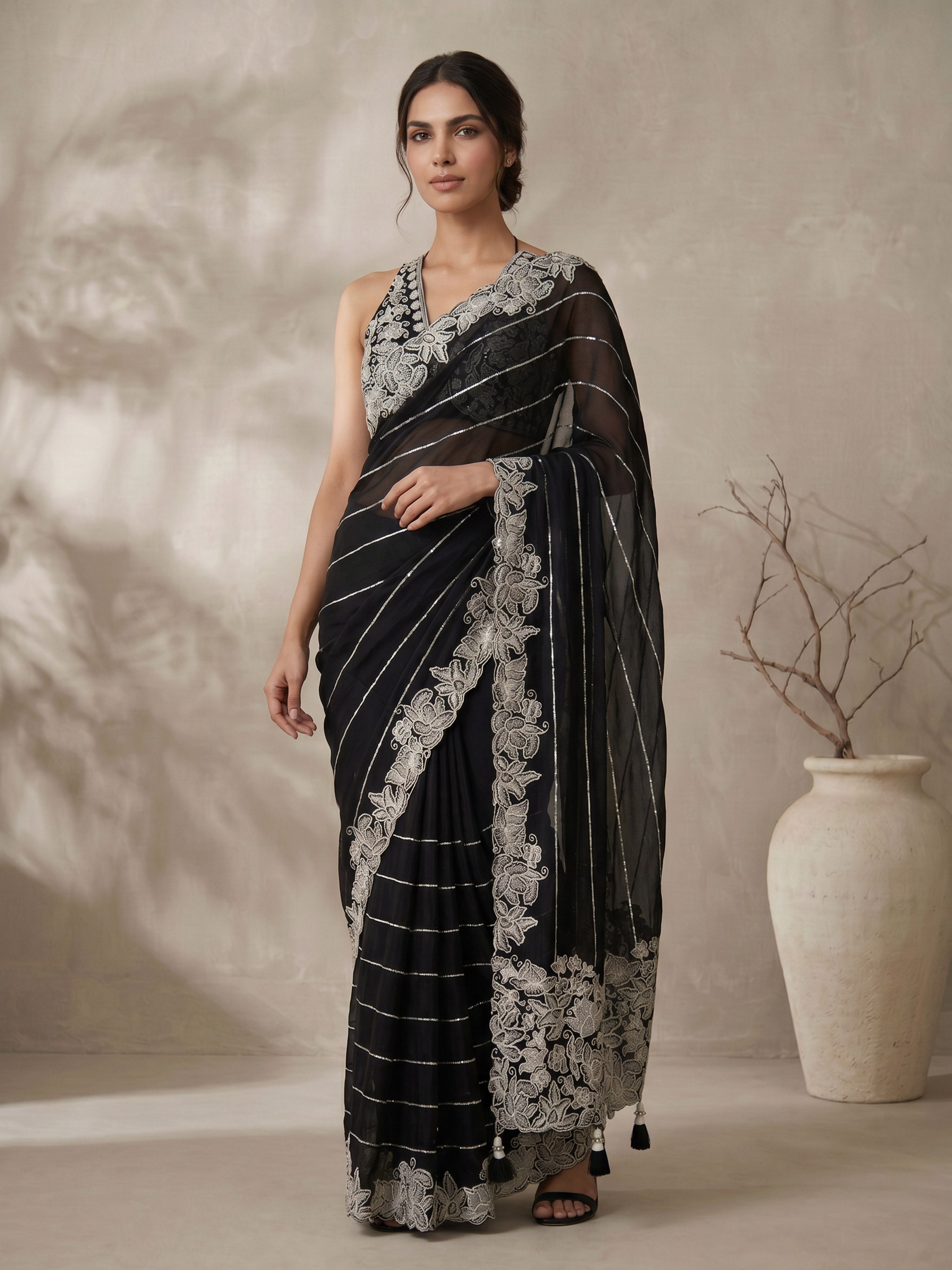 Black Poly Silk Embroidered Saree with Ready Blouse