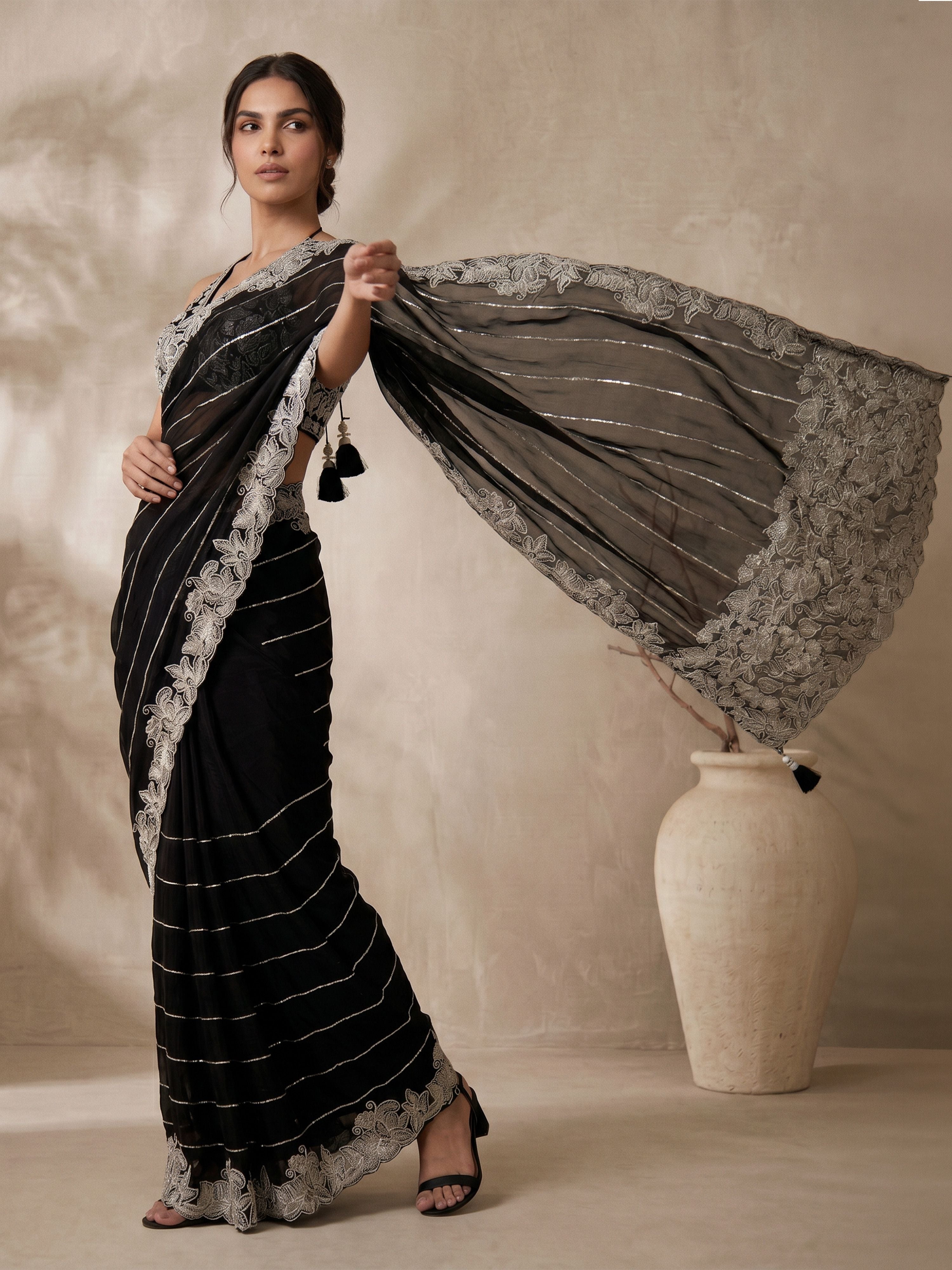 Women's Black Synthetic Embroidered Saree With Ready Blouse