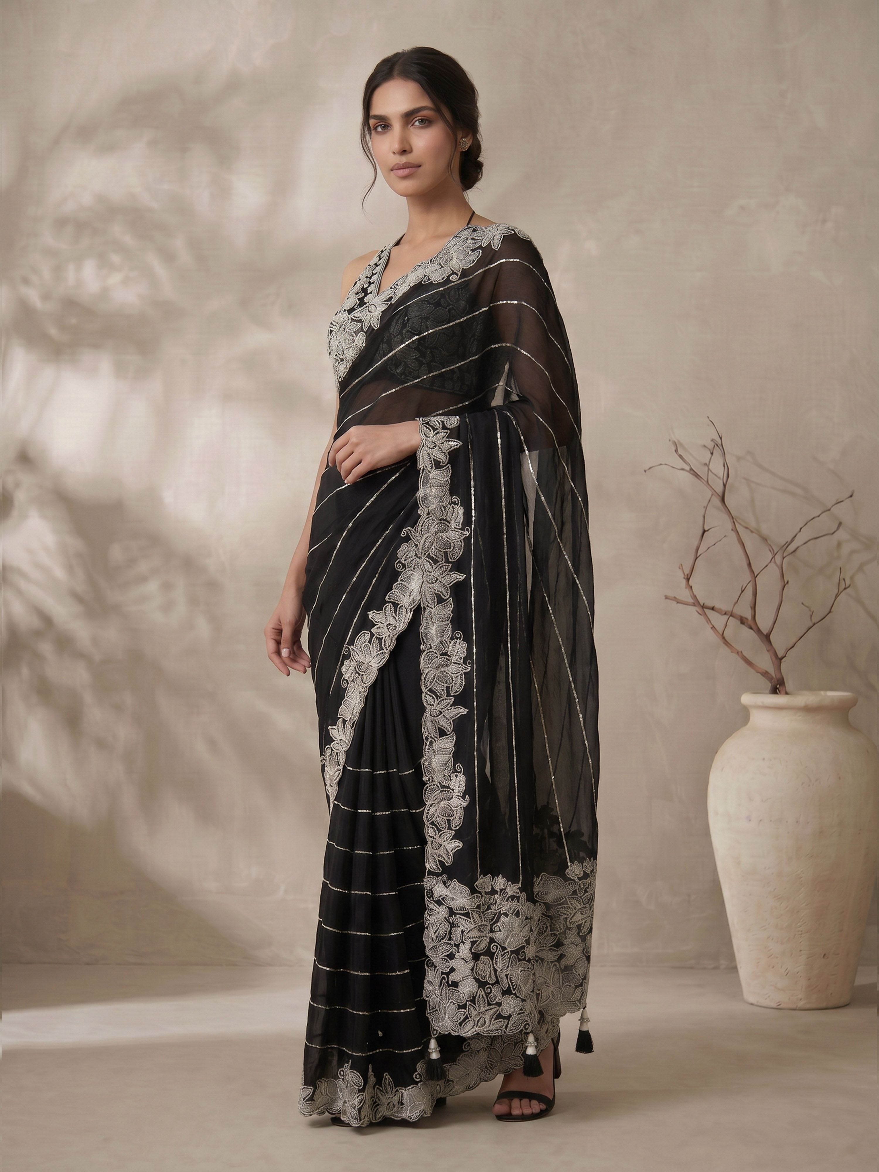 Women's Black Synthetic Embroidered Saree With Ready Blouse