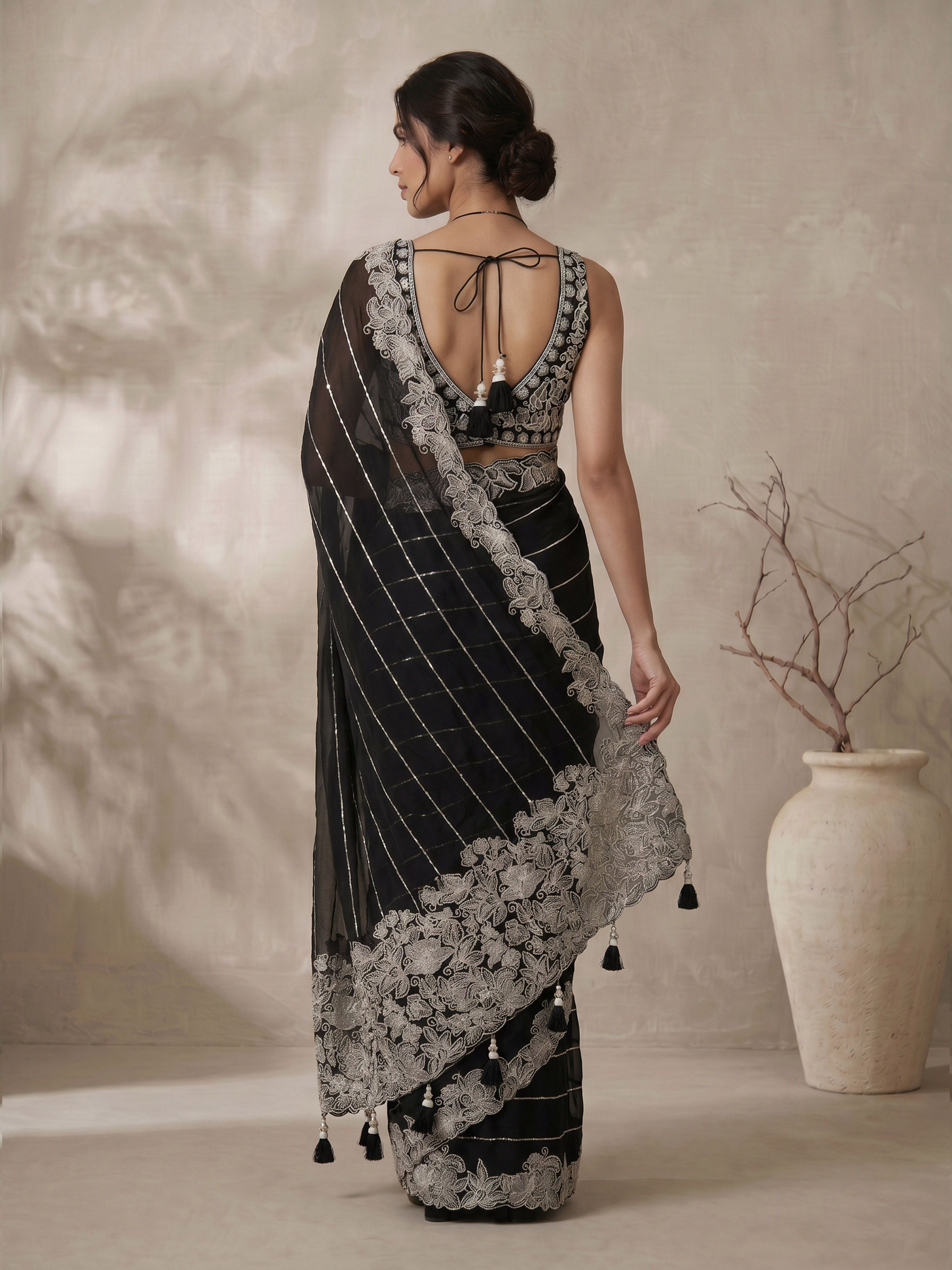 Women's Black Synthetic Embroidered Saree With Ready Blouse