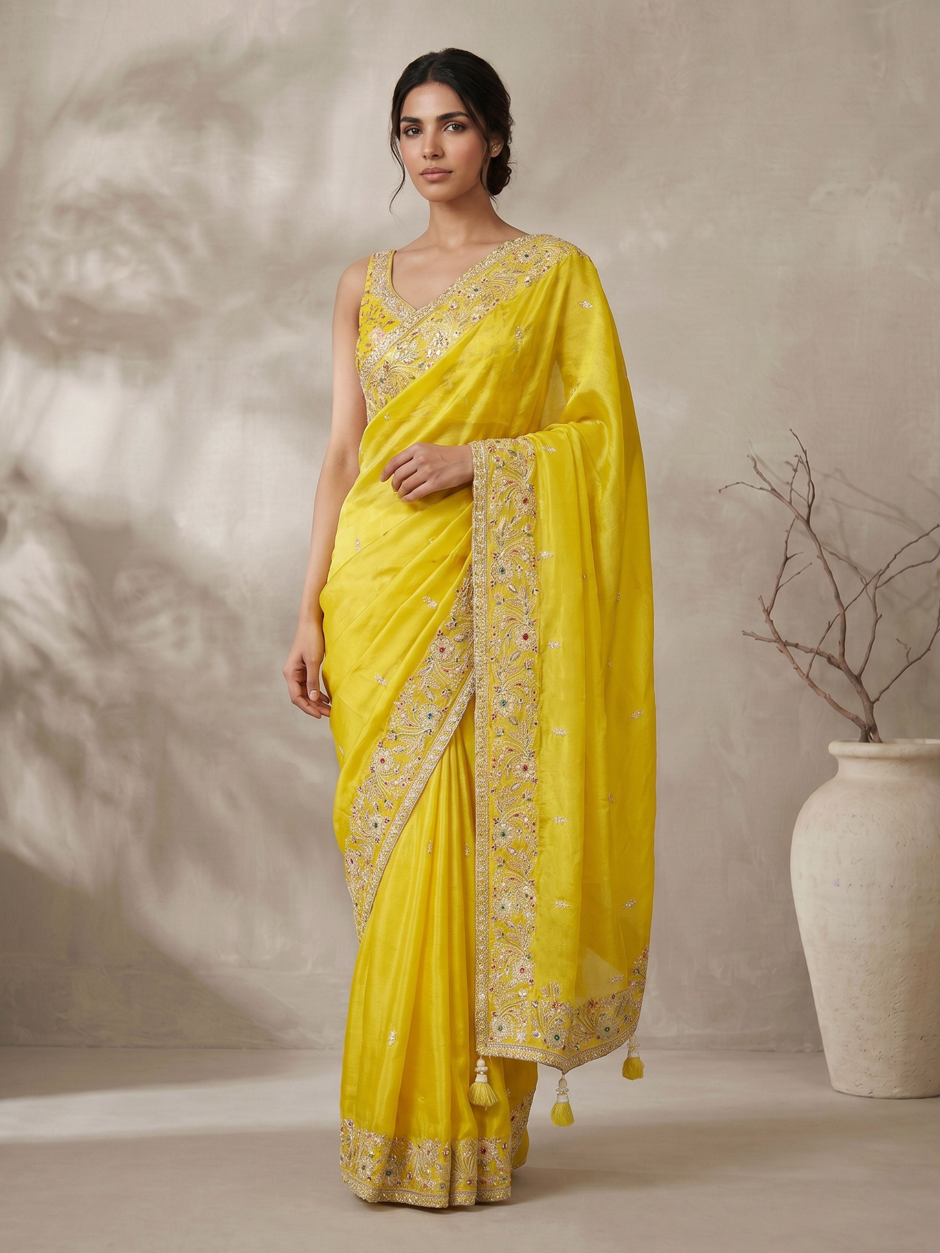 Yellow Poly Silk Embroidered Saree with Ready Blouse