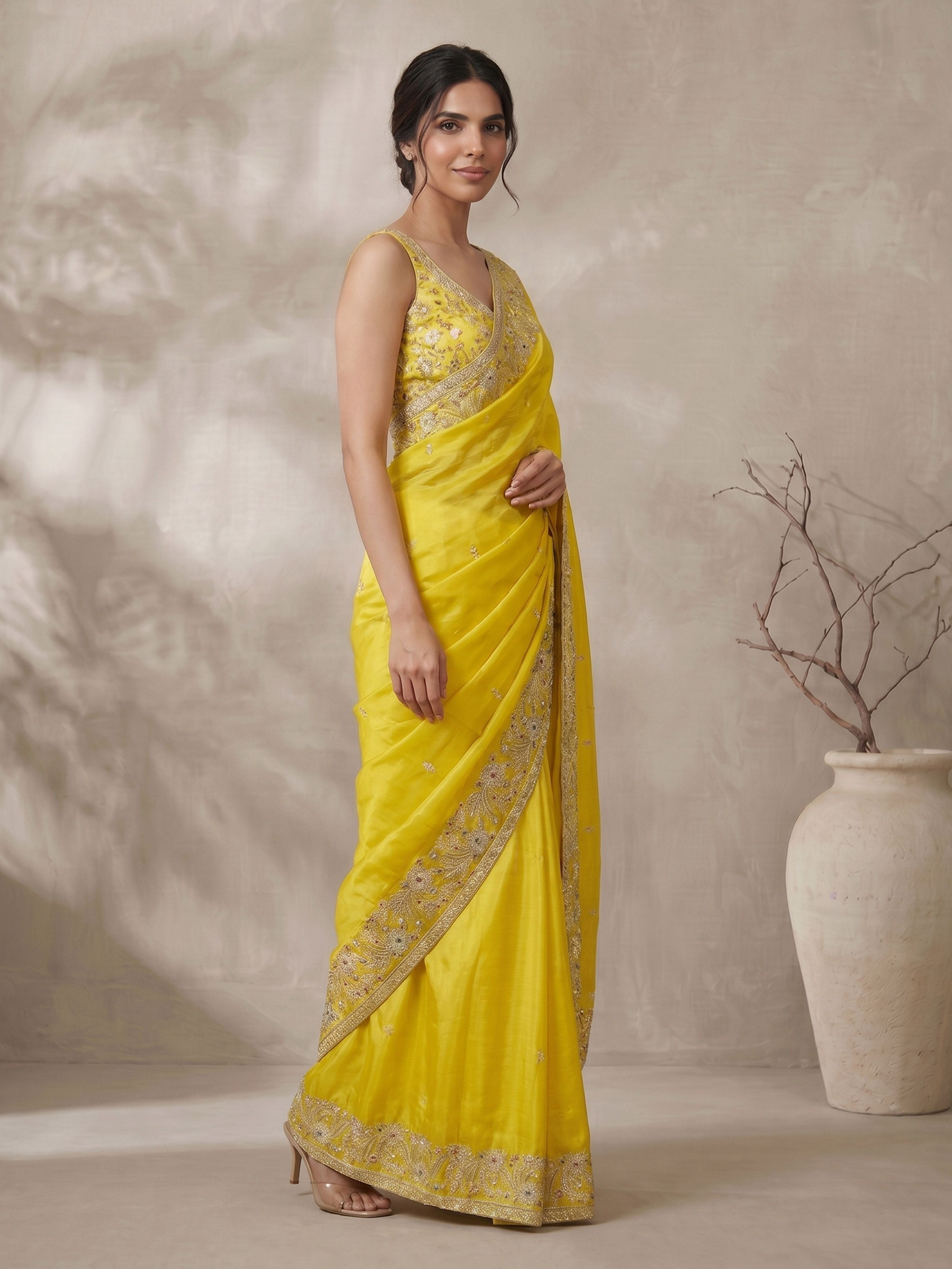 Women's Yellow Art Silk Embroidered Saree With Ready Blouse