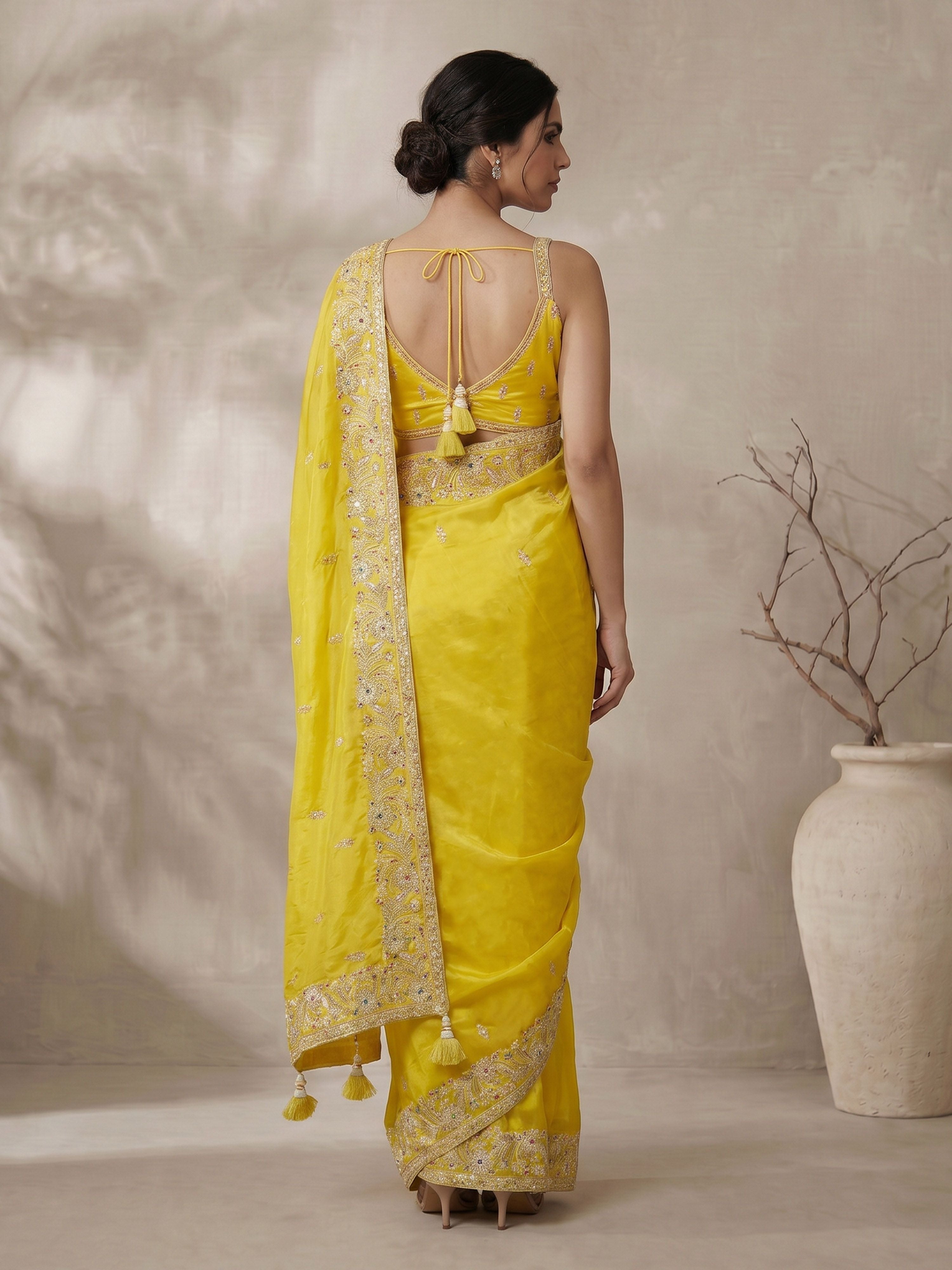 Women's Yellow Art Silk Embroidered Saree With Ready Blouse