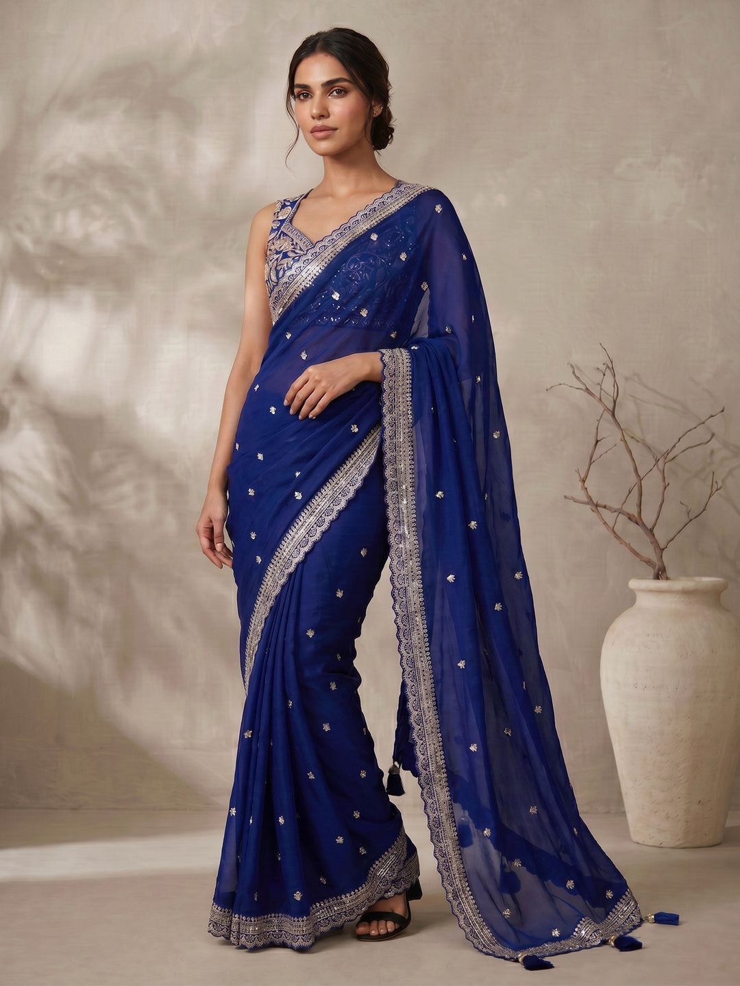 Dark Blue Poly Silk Saree with Sequin Border & Blouse