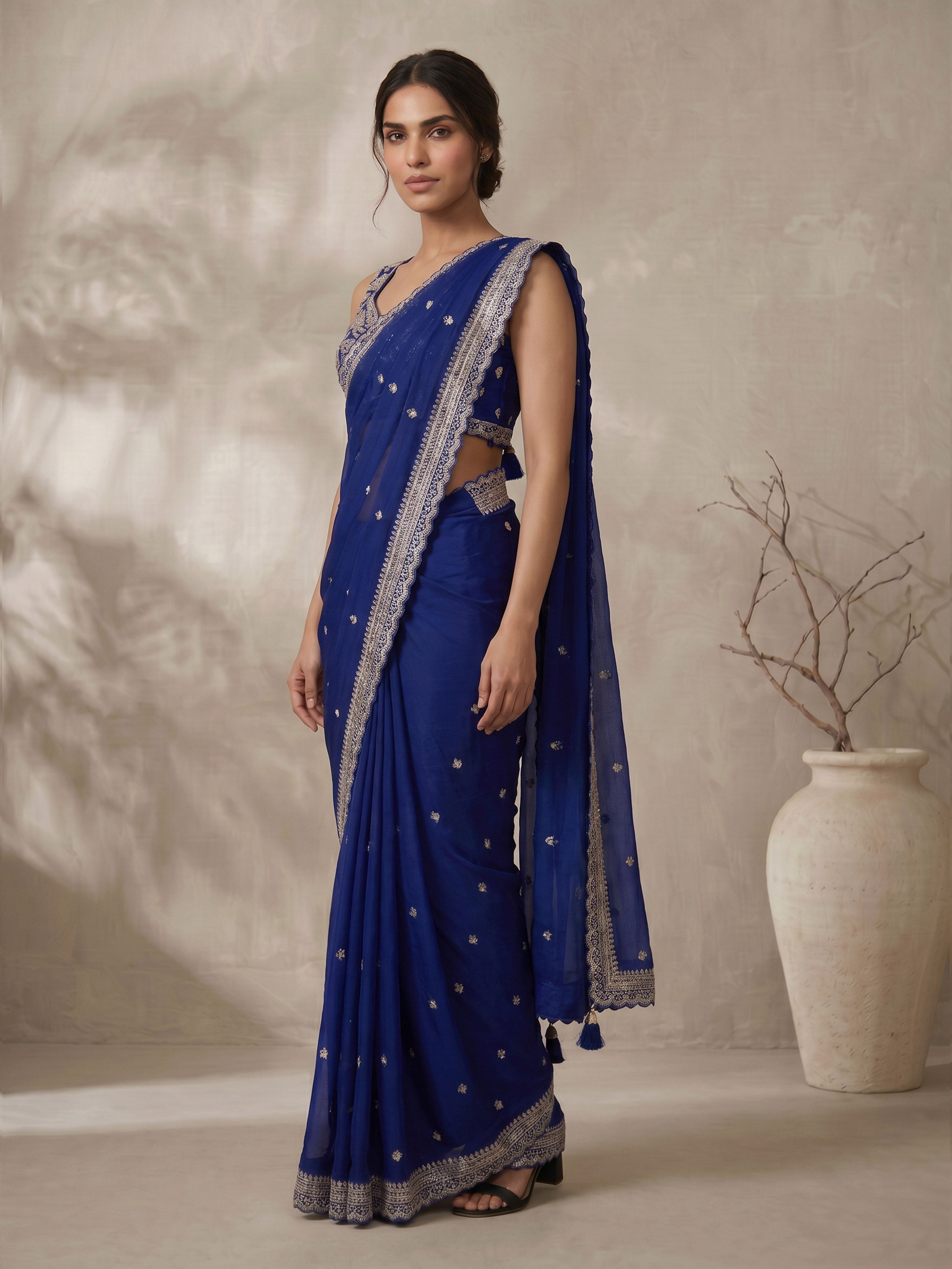 Women's Blue Synthetic Ethnic Motifs Saree With Ready Blouse