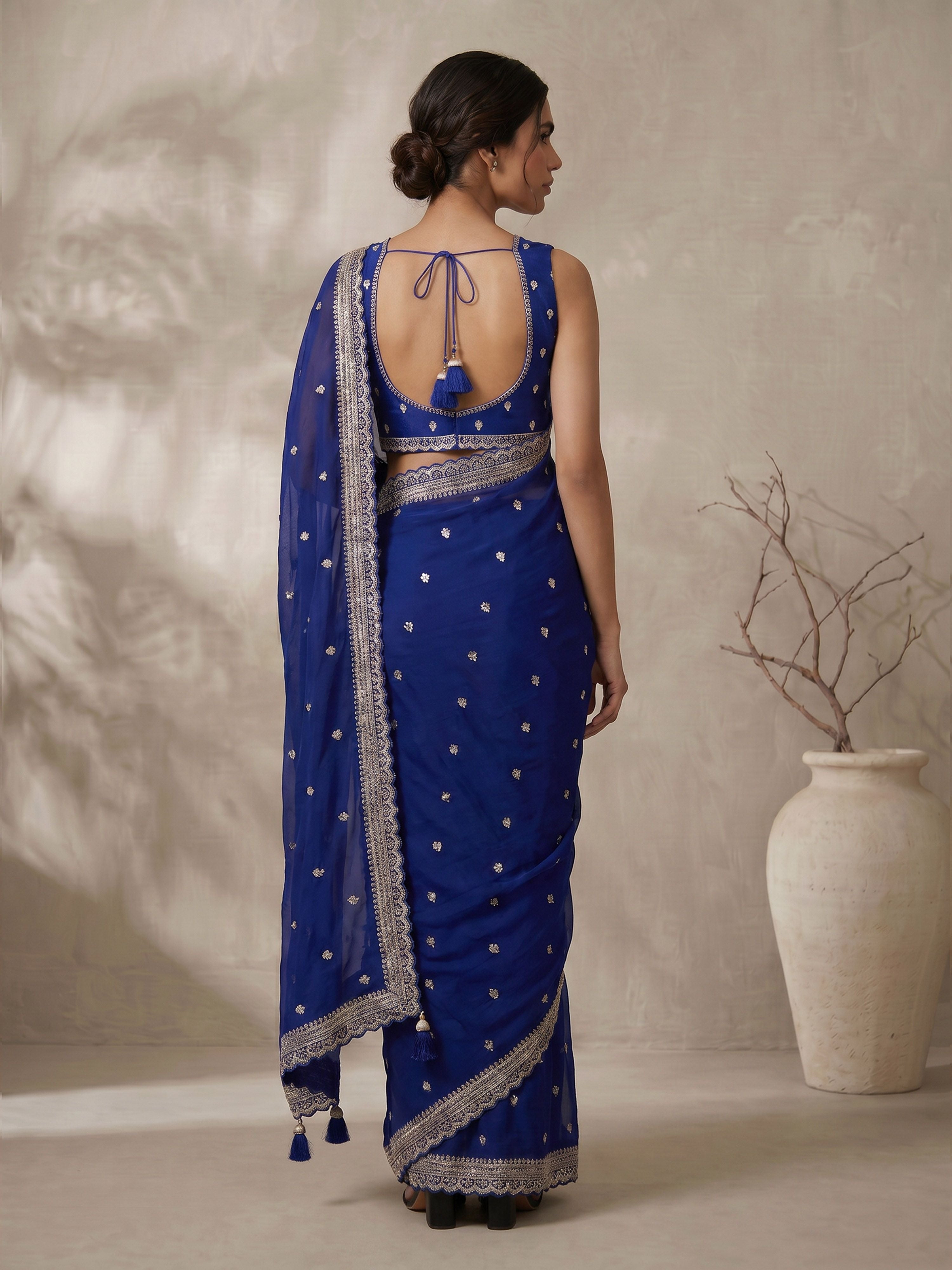 Women's Blue Synthetic Ethnic Motifs Saree With Ready Blouse
