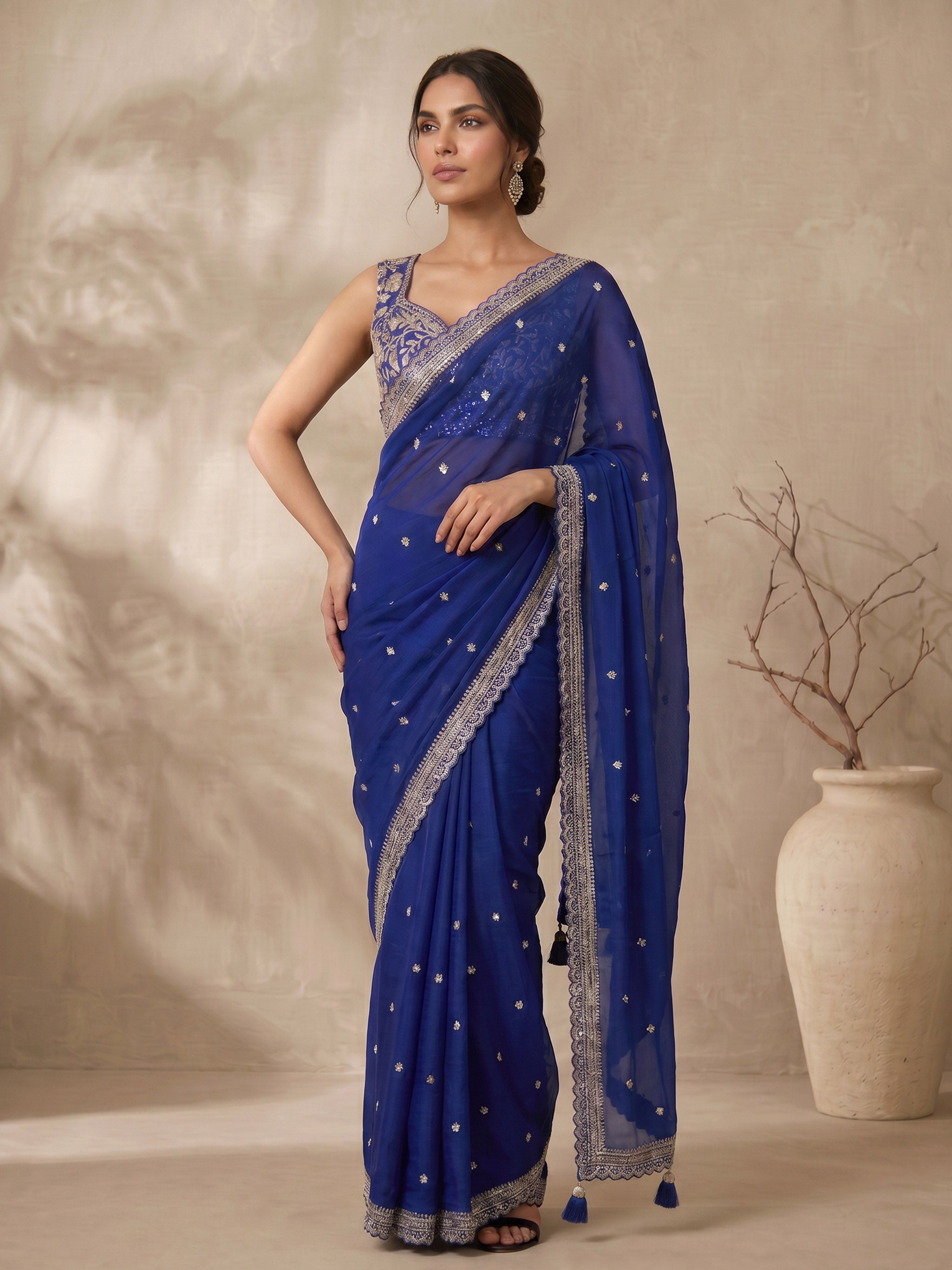 Women's Blue Synthetic Ethnic Motifs Saree With Ready Blouse