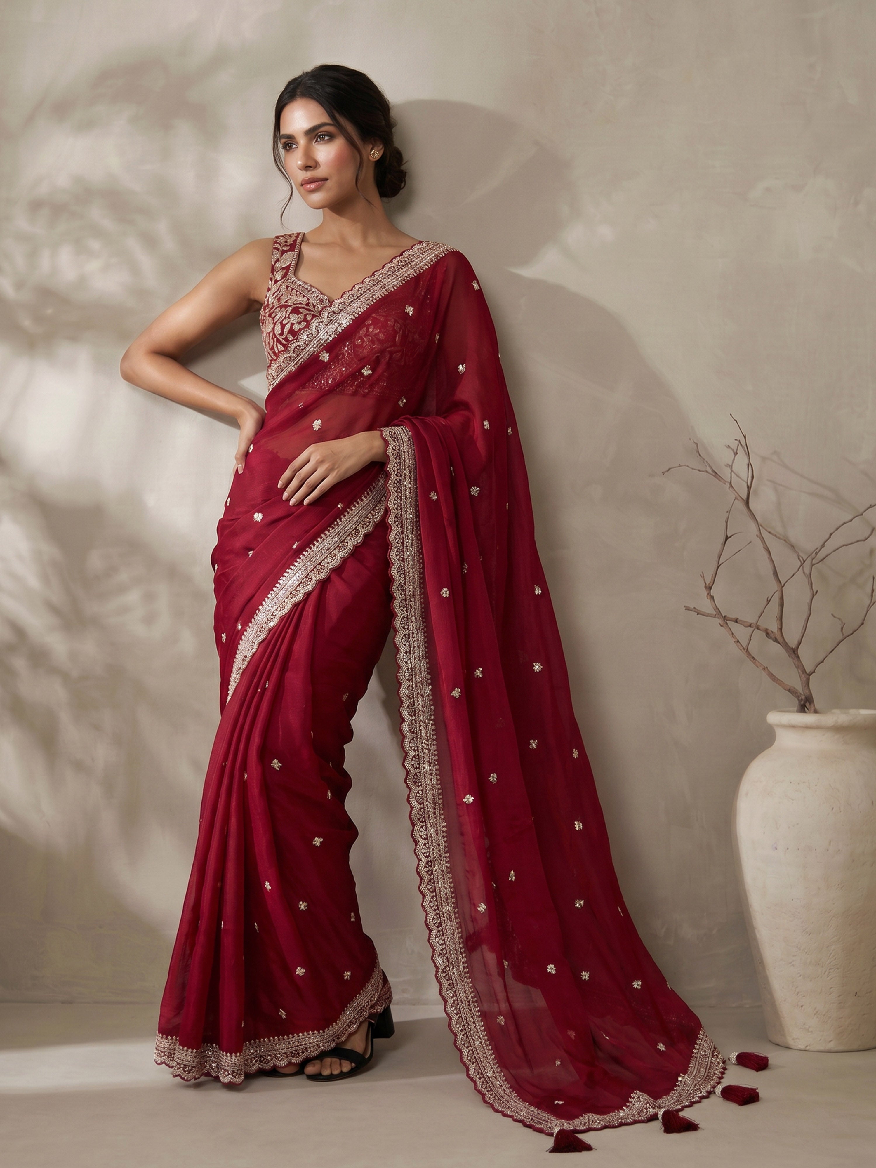 Women's Maroon Chiffon Ethnic Motifs Saree with Ready Blouse