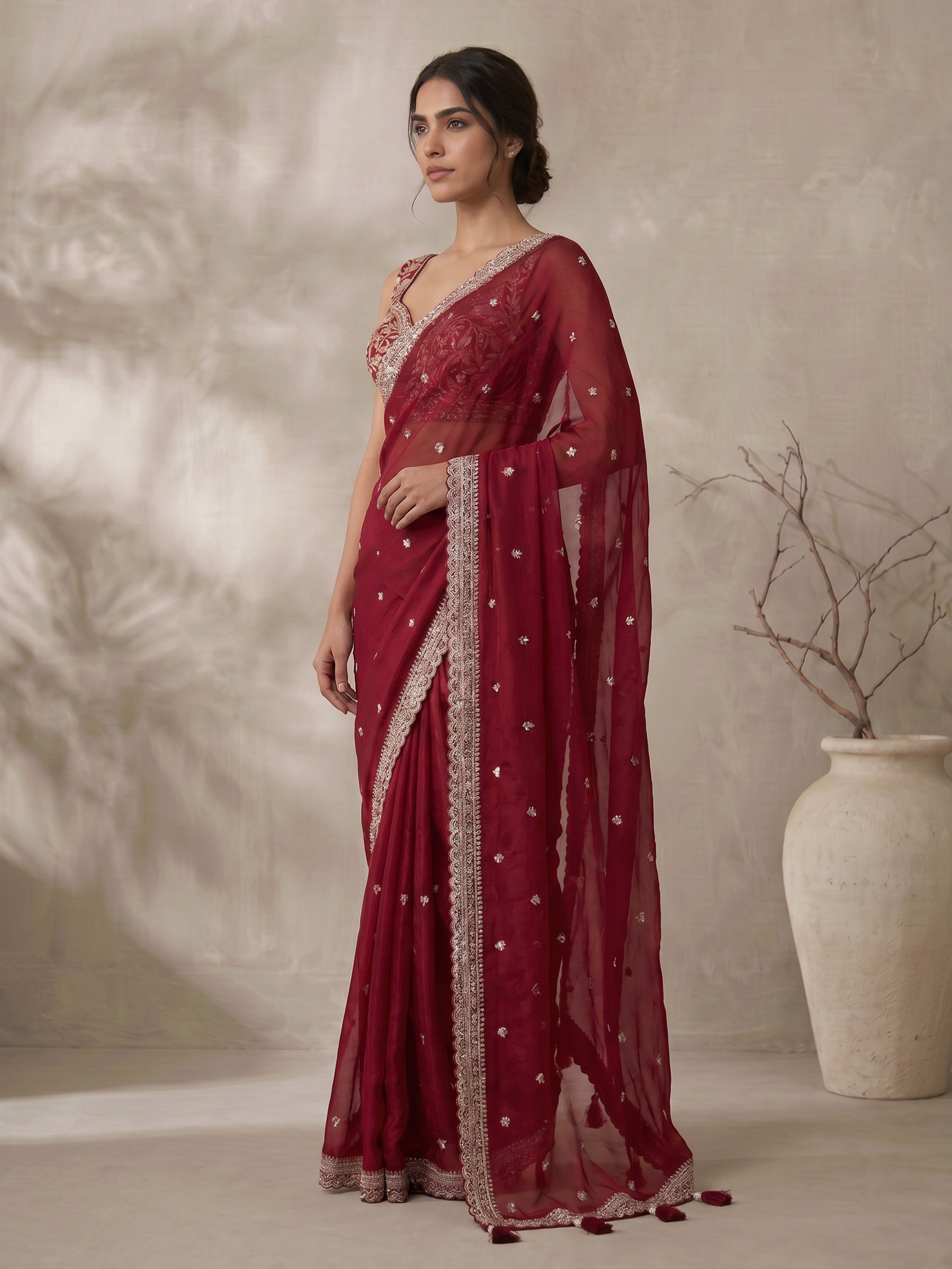 Women's Maroon Chiffon Ethnic Motifs Saree with Ready Blouse