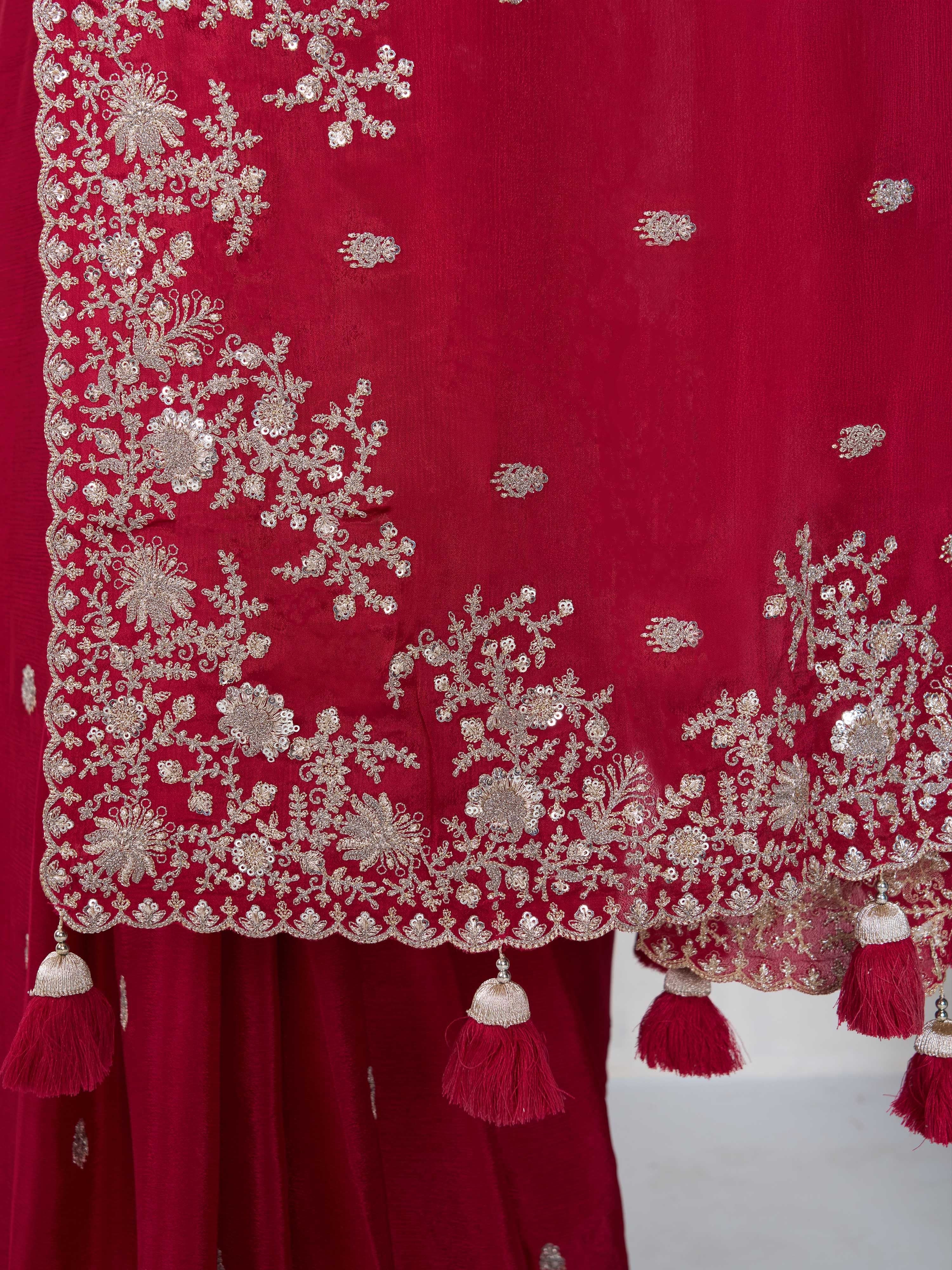 Women's Maroon Synthetic Embroidered Saree With Ready Blouse