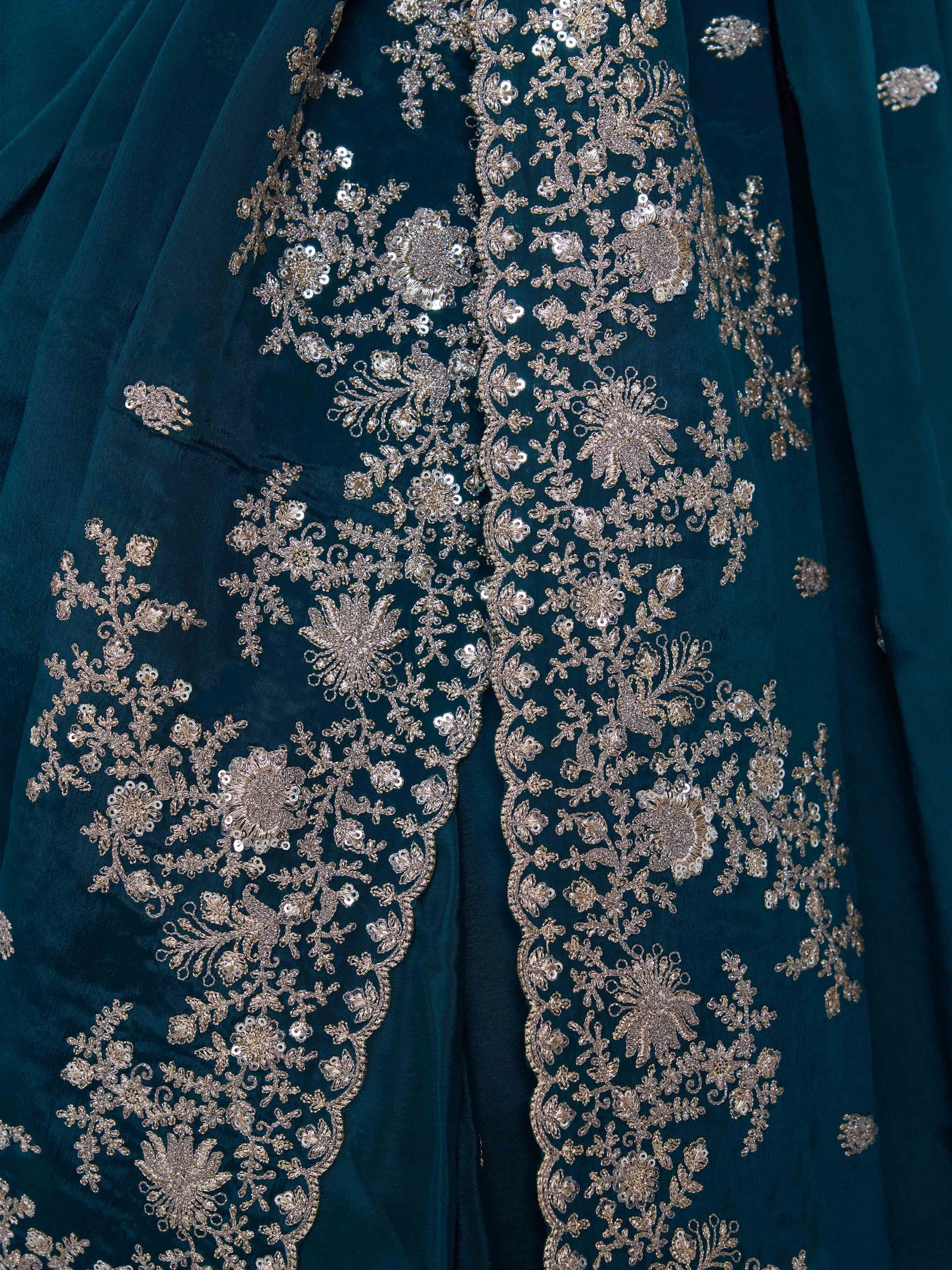 Women's Teal Synthetic Embroidered Saree With Ready Blouse