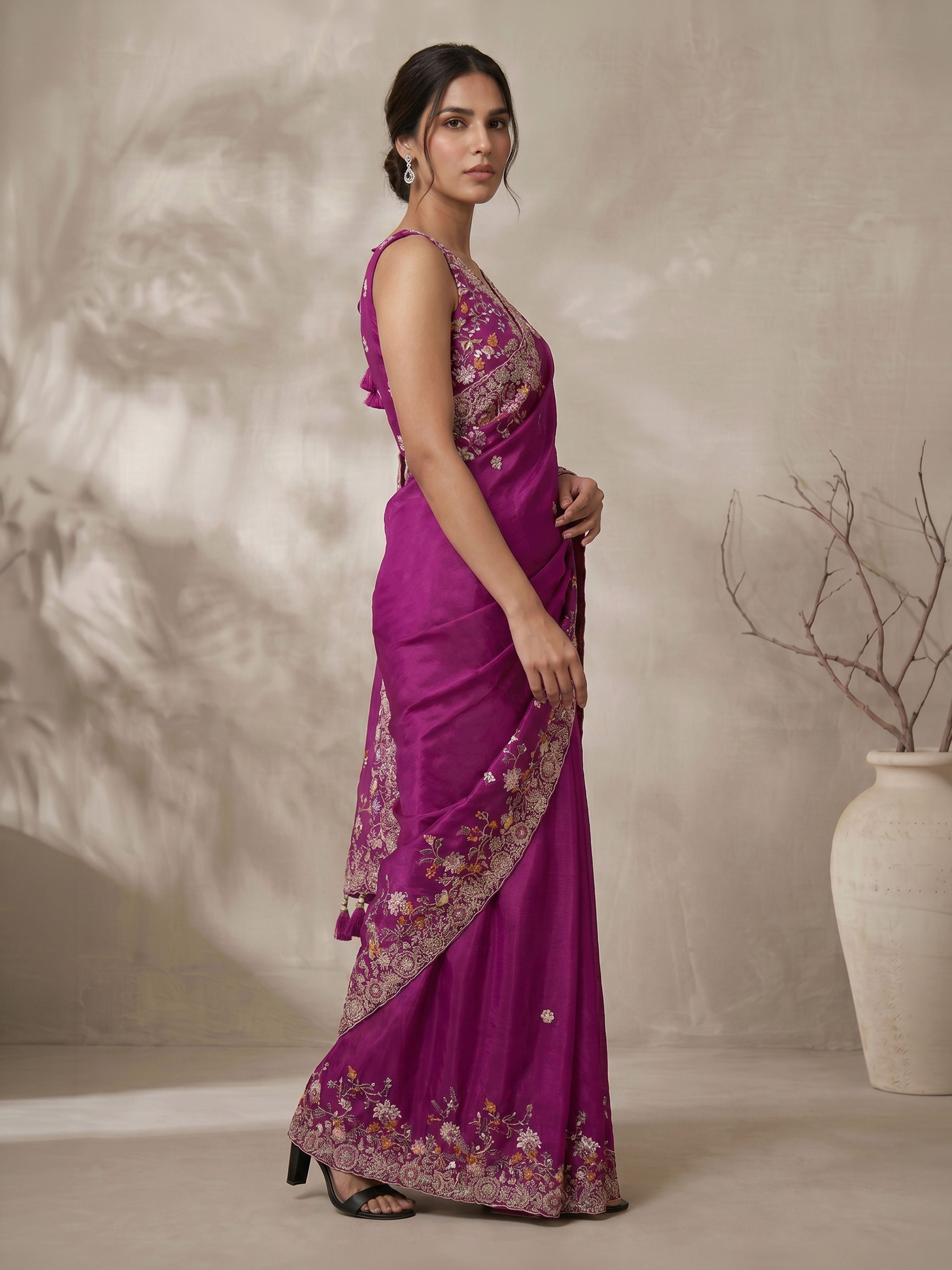 Women's Purple Art Silk Embroidered Saree With Ready Blouse