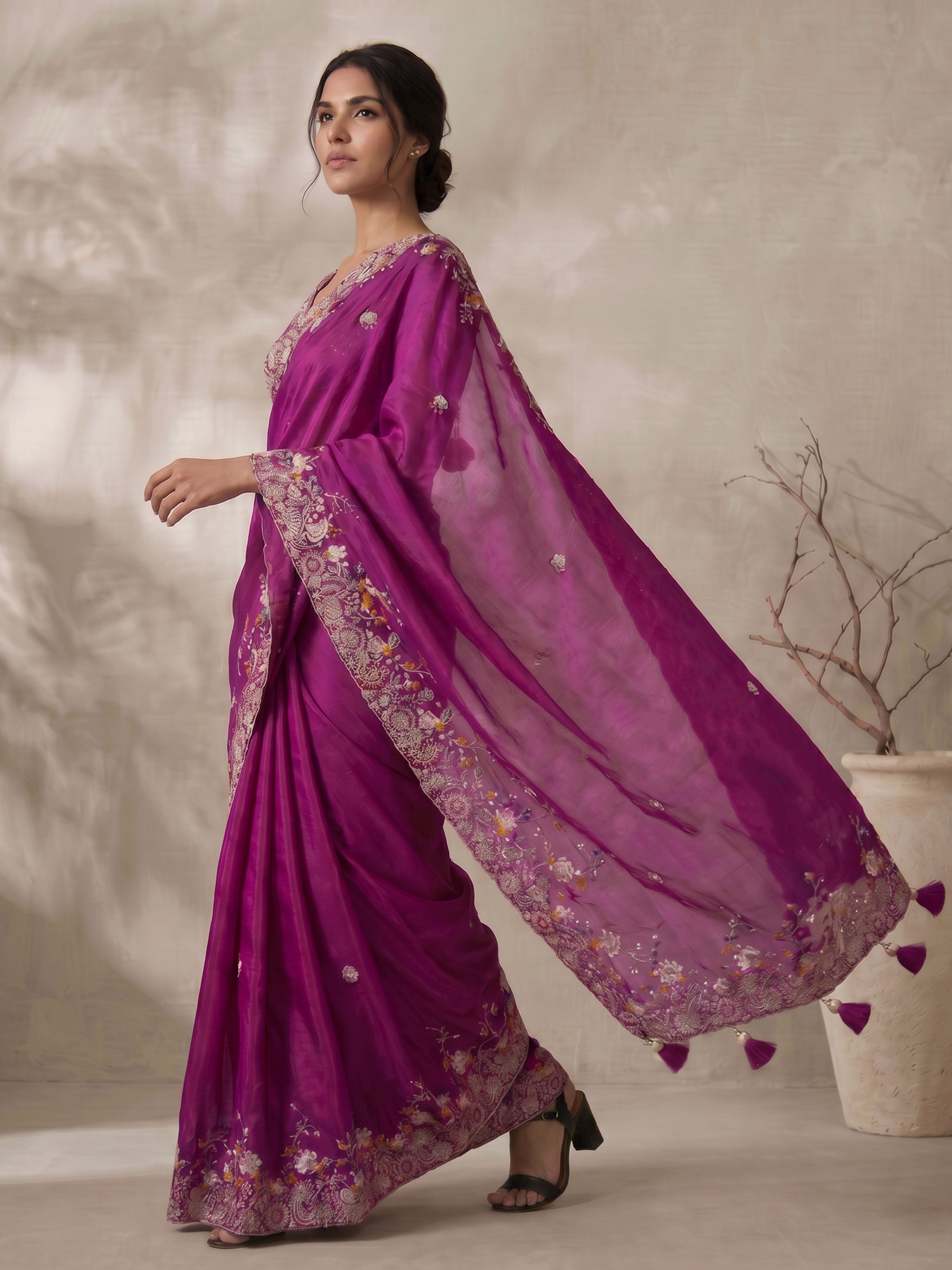 Women's Purple Art Silk Embroidered Saree With Ready Blouse