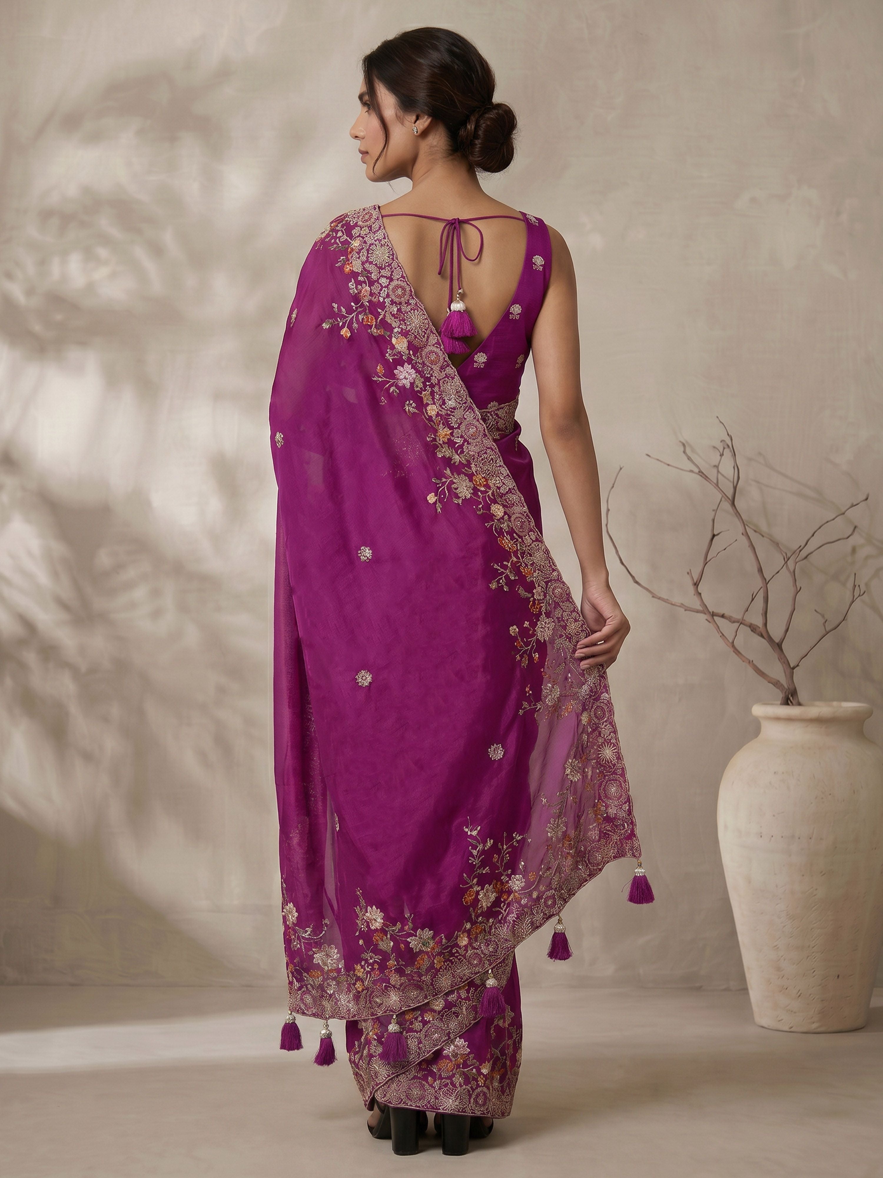 Women's Purple Art Silk Embroidered Saree With Ready Blouse