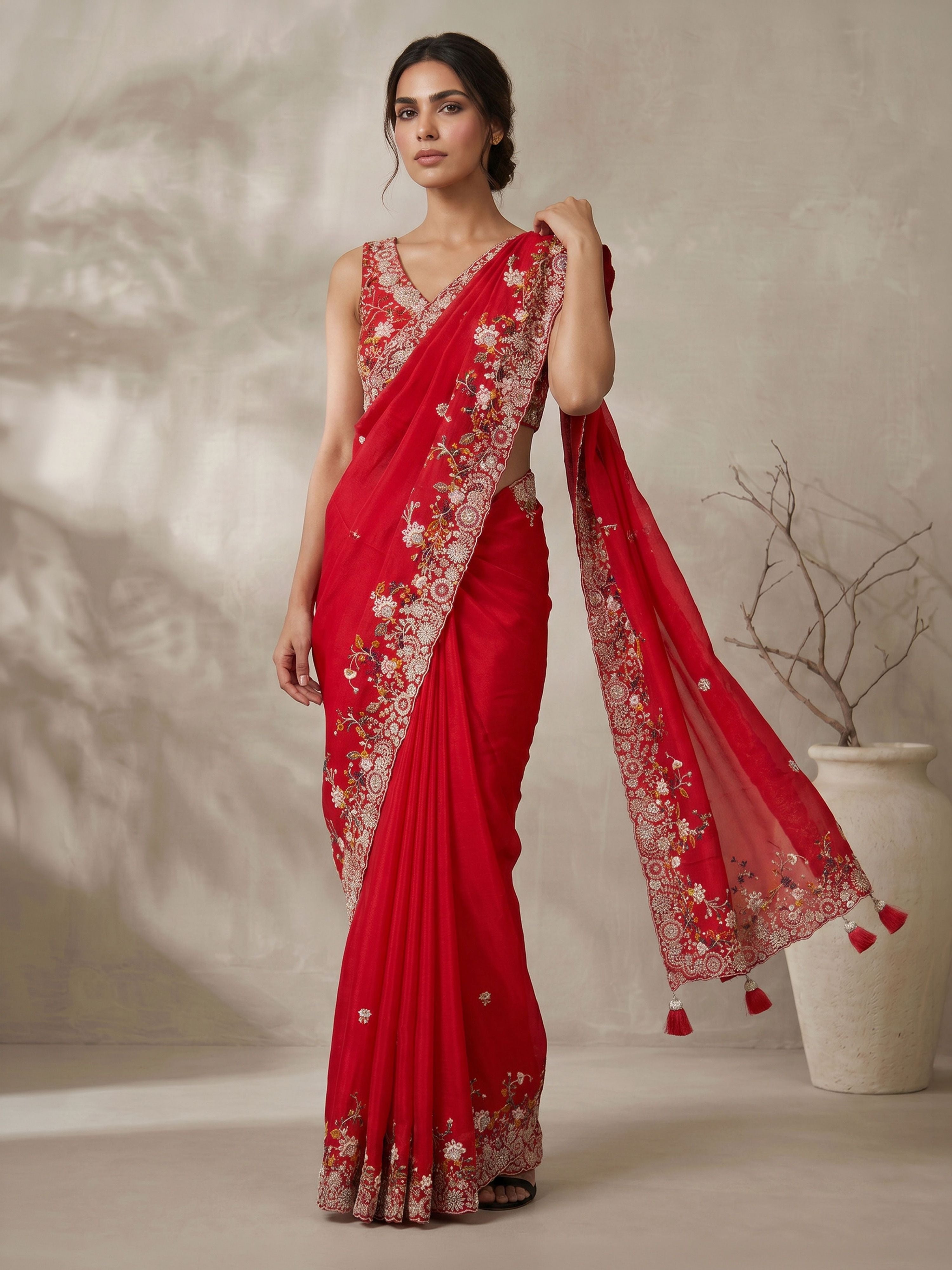Red Poly Silk Embroidered Saree with Ready Blouse