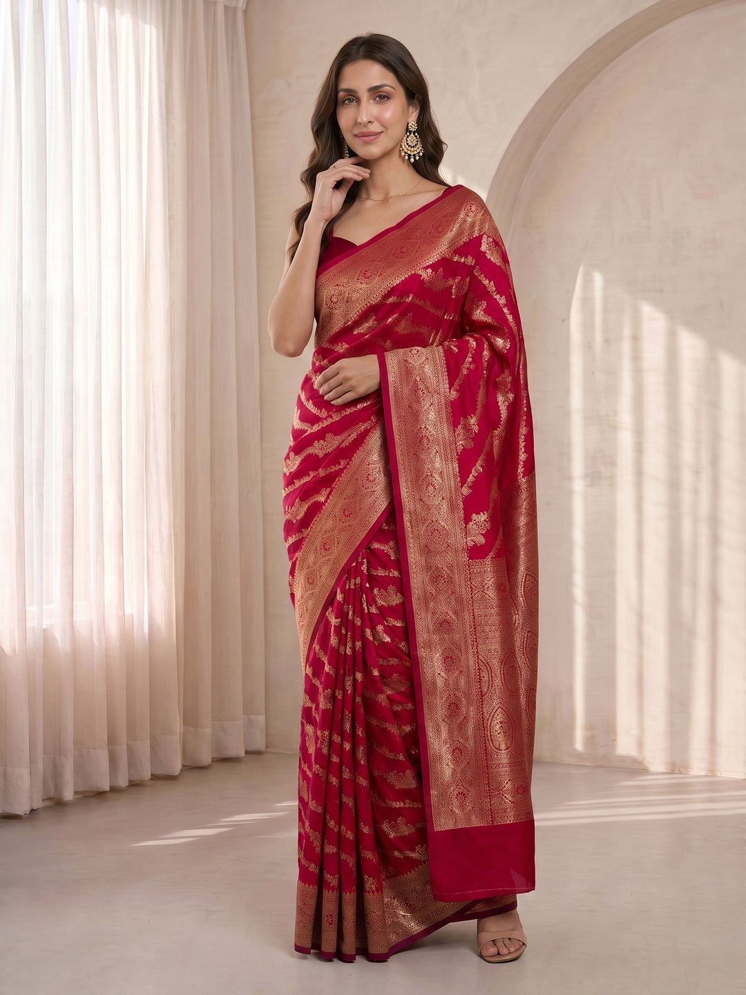 Fuchsia Cotton-Silk Saree with Gold Zari Woven Motifs
