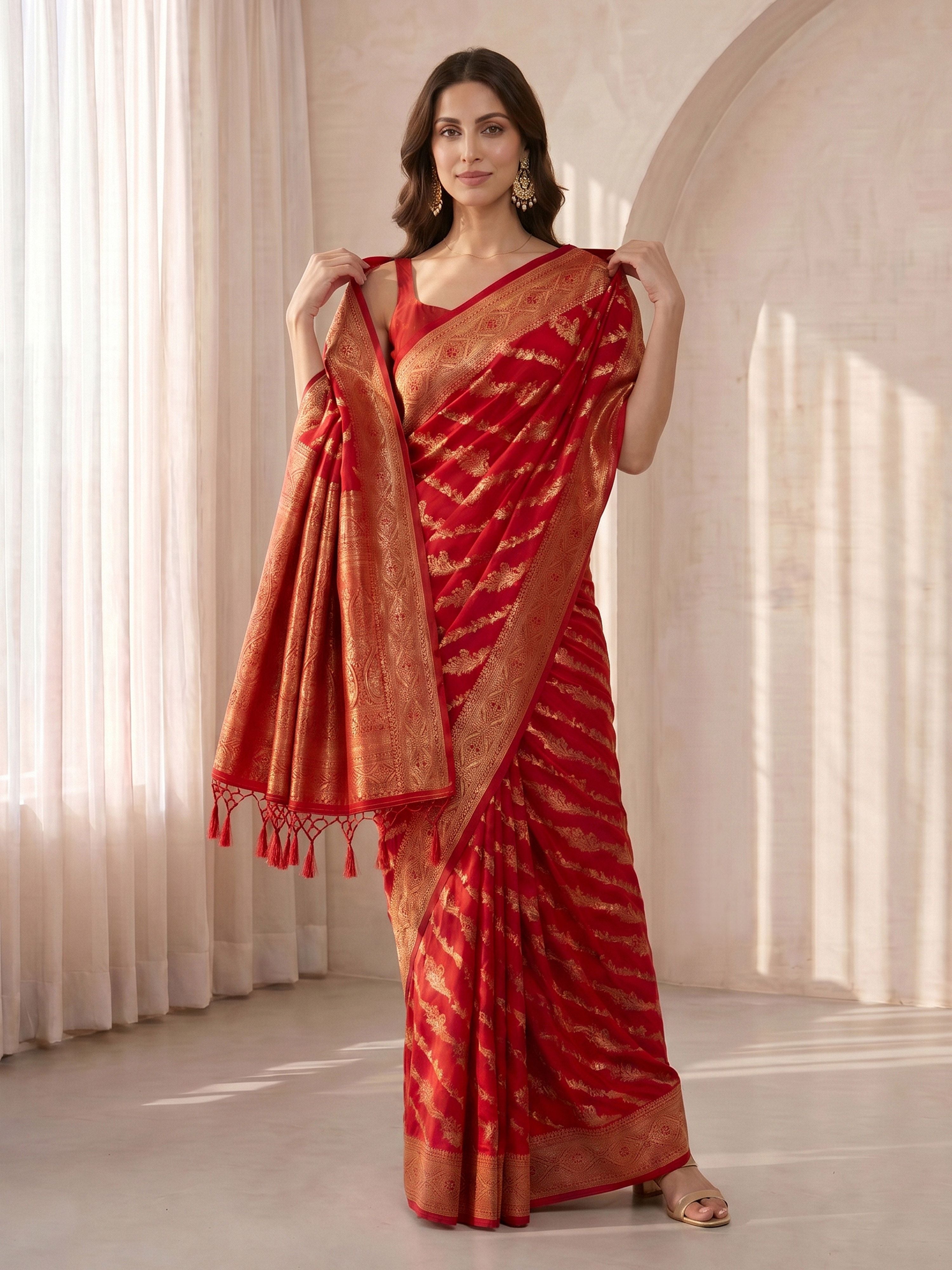 Red Cotton Silk Saree with Gold Zari Woven Floral Motifs